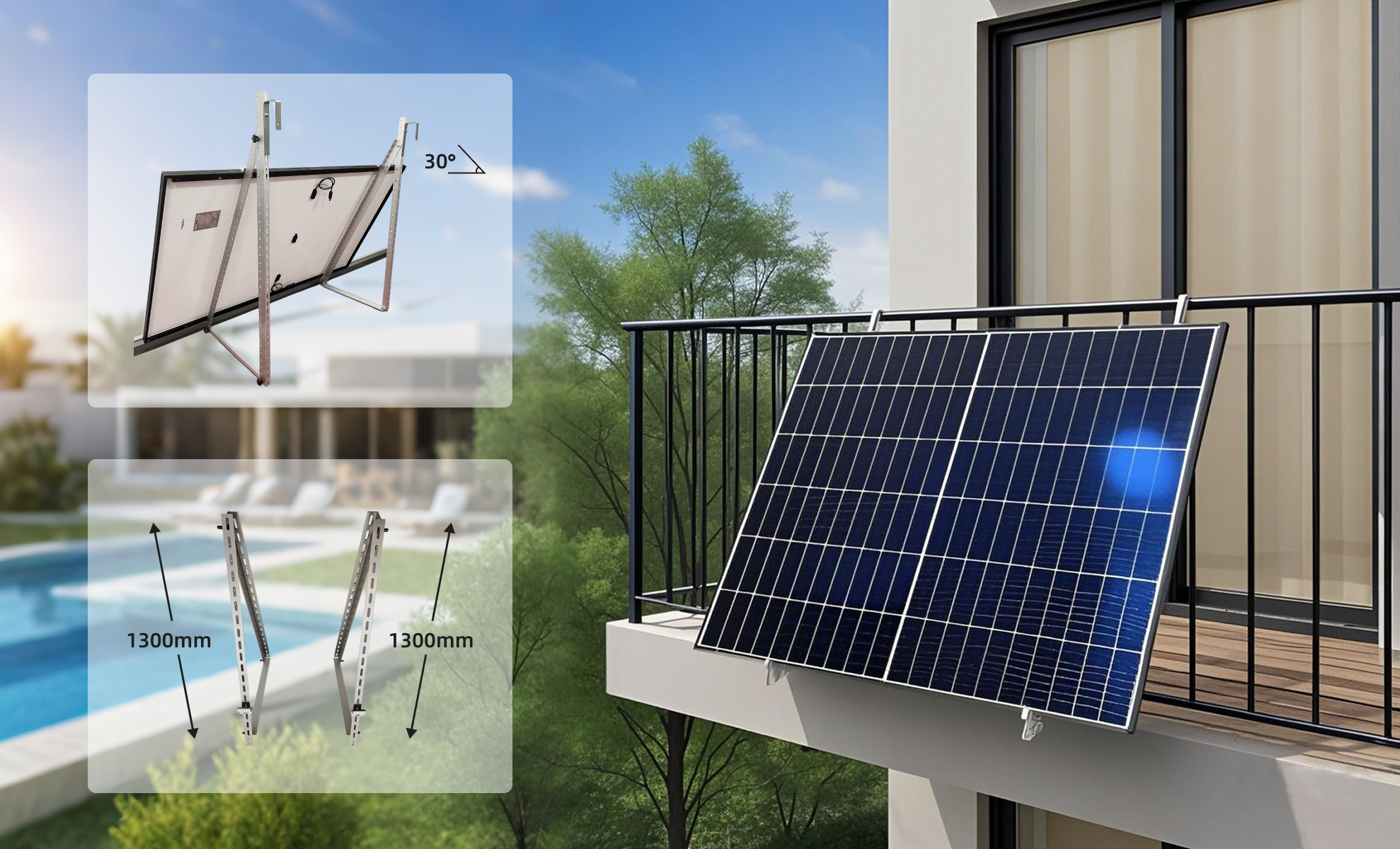 Sunlit Solar 3-in-1 Modulhalterung — Universalhalterung für Balkon, Terasse. Flachdach