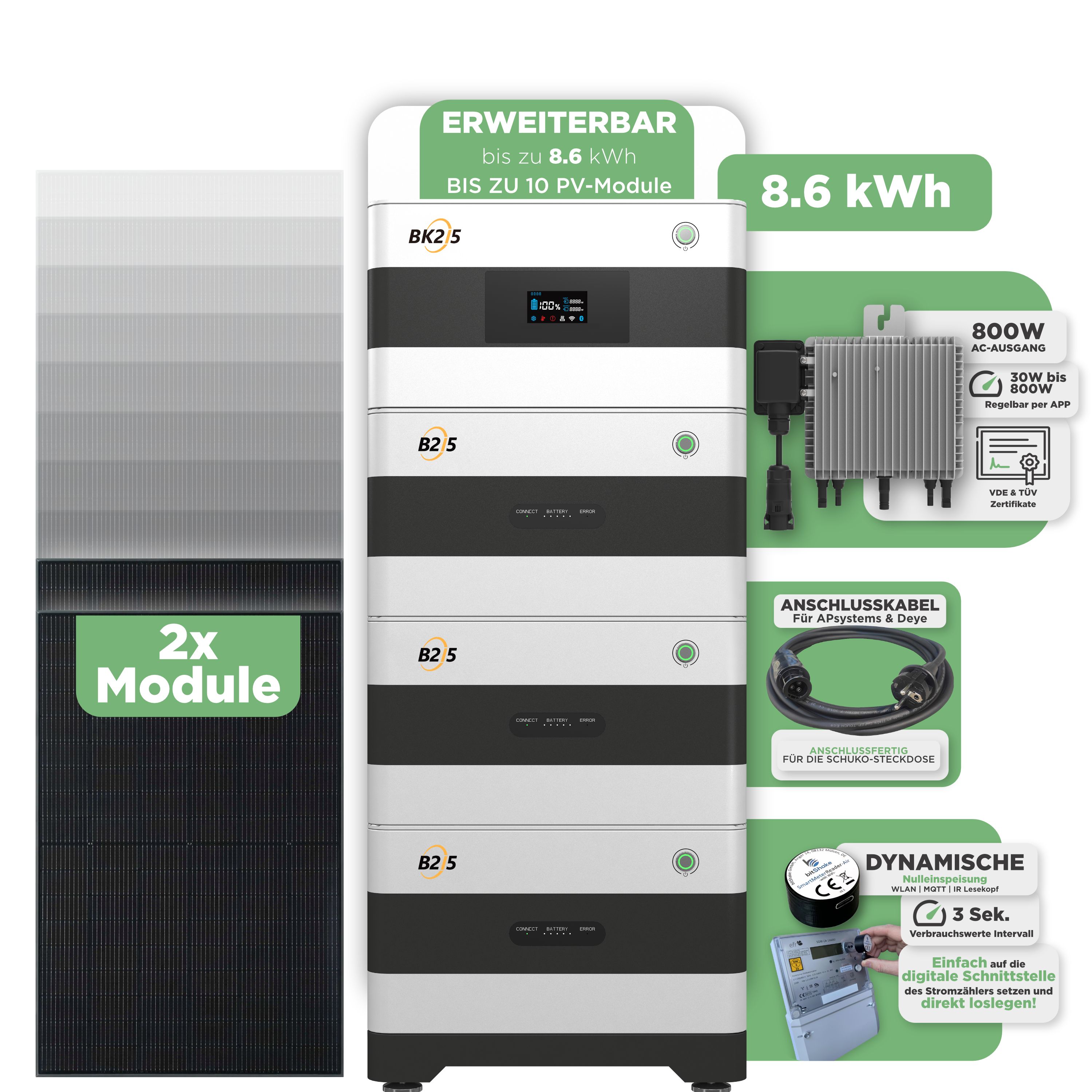SunEnergyXT Balkonkraftwerkspeicher — 8.600 Wh / mit IR Lesekopf (bitshake) / 800 W (Deye-SUN-M) / 20 m Schuko Kabel / 2 x Trina 440 Wp Bifazial
