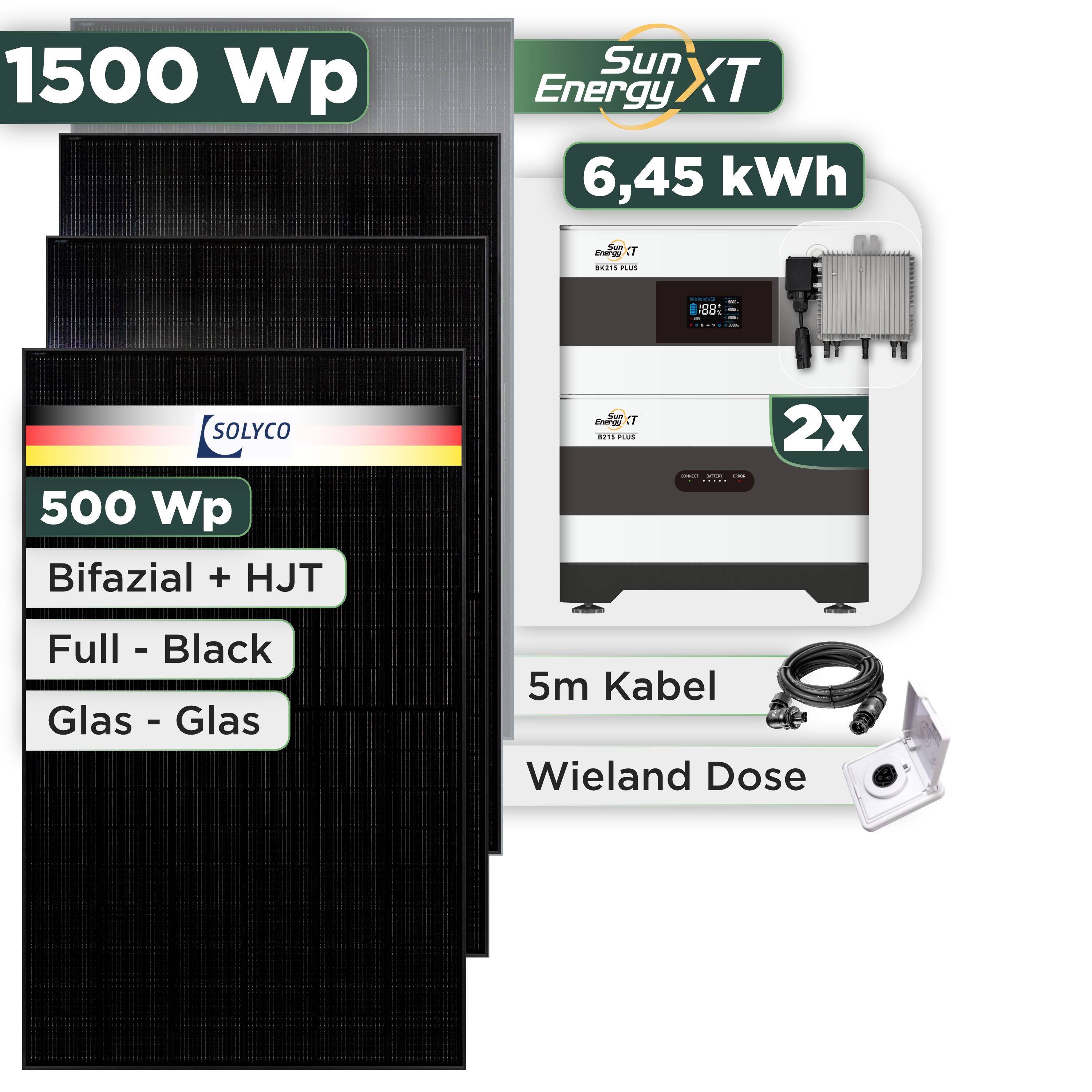 Balkonkraftwerk Set 2000 Wp SunEnergyXT Plus / 6,45 kWh / Solyco 500 Wp Glas-Glas Fullblack-Modul Bifazial / 4 Module / Deye 800 W / Wieland Stecker + Dose