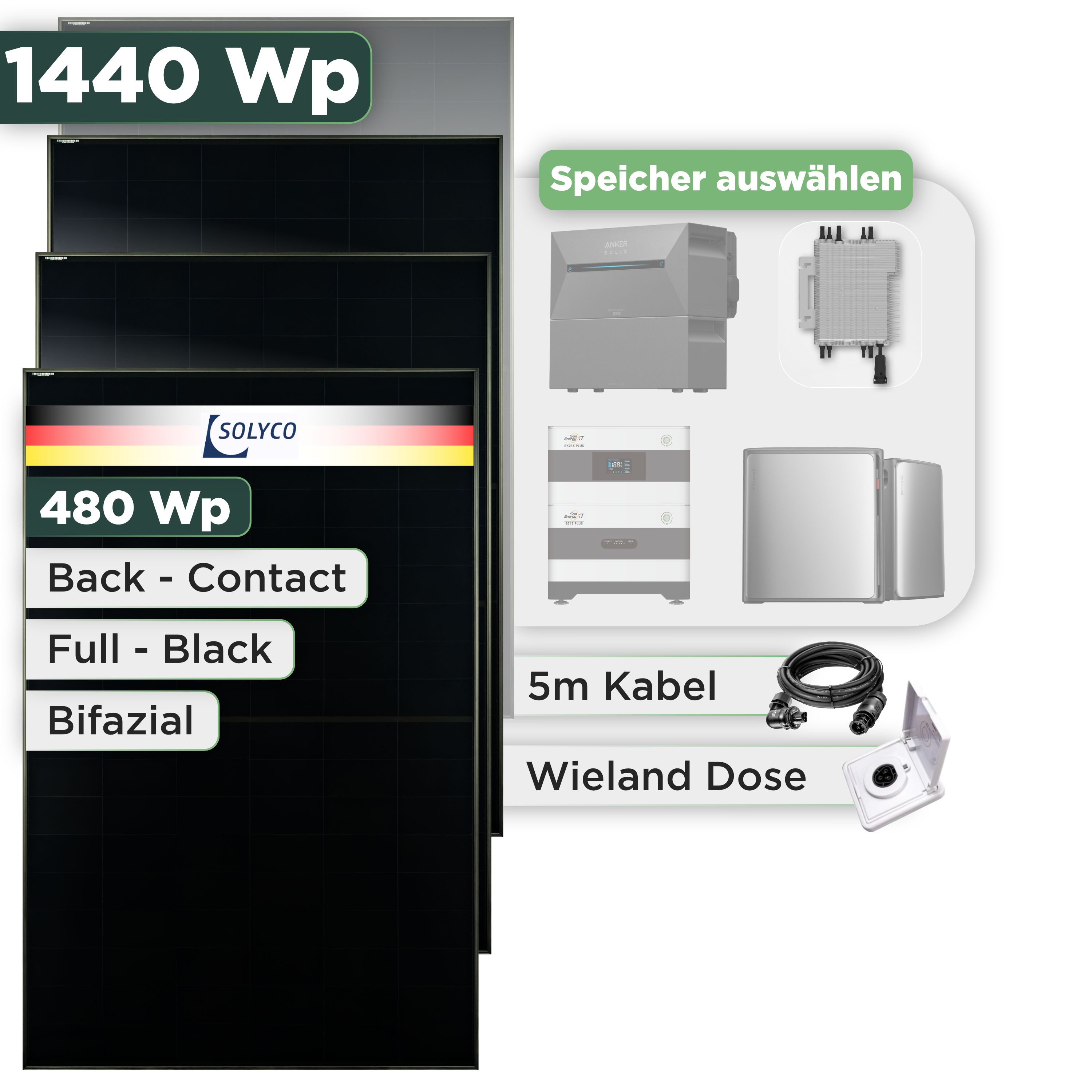 Balkonkraftwerk Set 1440 Wp Solyco 480 Wp Glas-Glas Fullblack Back Contact Modul / 3 Module / Deye 2000 W / Wieland Stecker + Dose