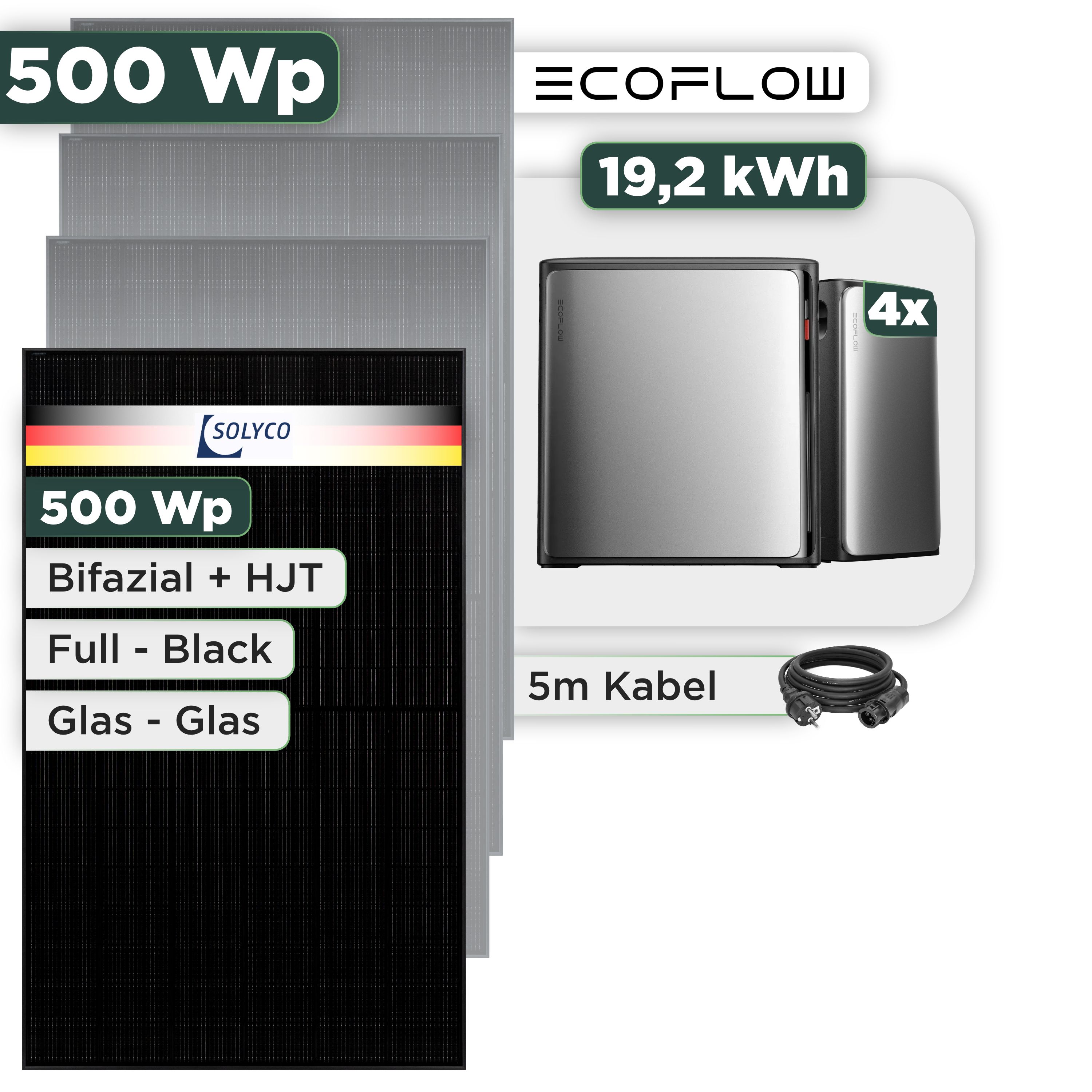 Balkonkraftwerk Set 500 Wp Ecoflow Stream Ultra X / 19,2 kWh / Solyco 500 Wp Glas-Glas Fullblack-Modul Bifazial / 1 Modul / Schuko Stecker / 1,5 m