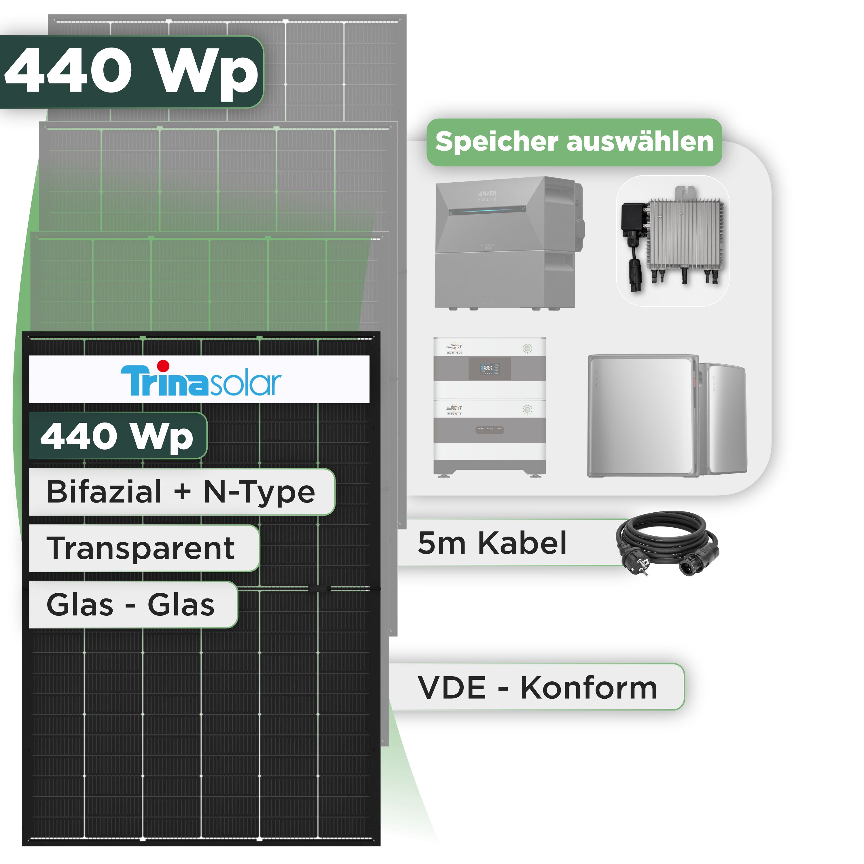 Balkonkraftwerk Set 440 Wp Trina 440 Wp Glas-Glas Bifazial Modul / 1 Modul / Deye 800 W / Schuko Stecker