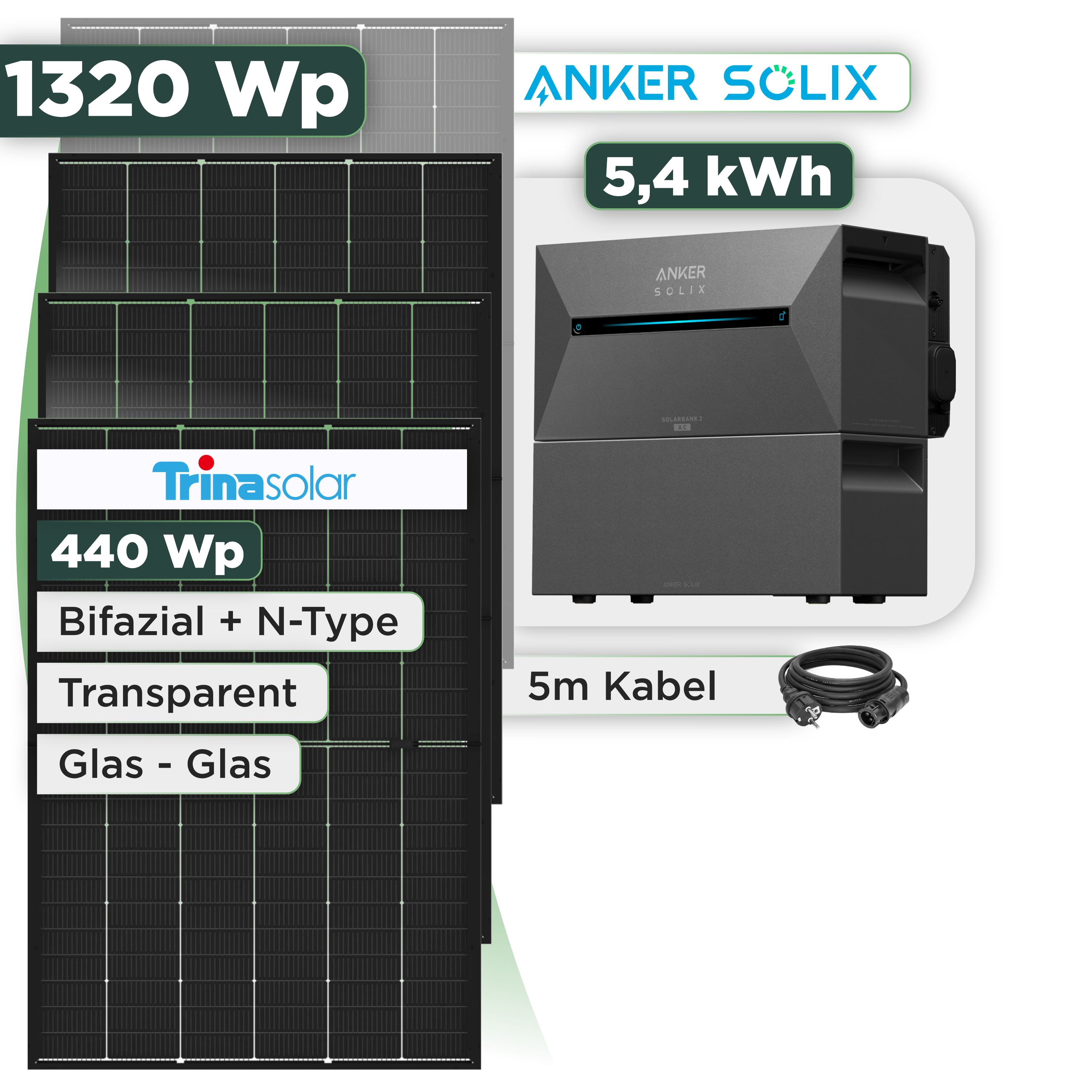 Balkonkraftwerk Set 1320 Wp Anker Solarbank 3 Pro / 5,4 kWh / Trina 440 Wp Glas-Glas Bifazial Modul / 3 Module / Schuko Stecker / 3 m