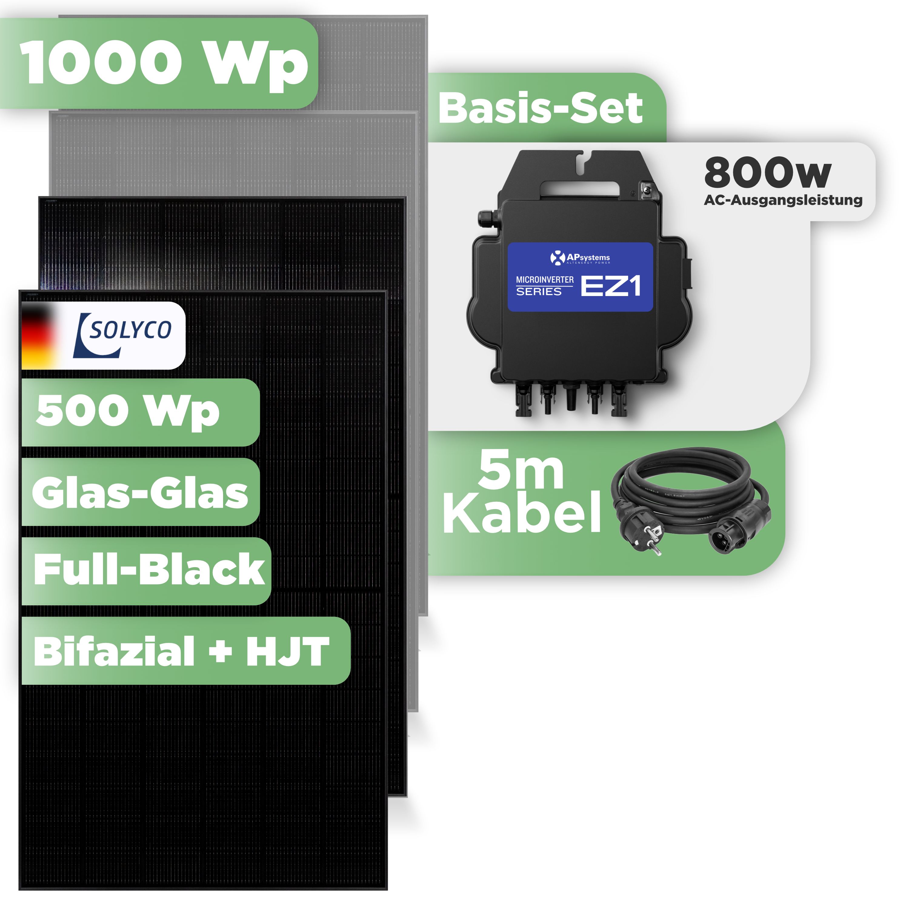 Balkonkraftwerk Basic Set 1000 Wp Solyco 500 Wp Glas-Glas Fullblack-Modul Bifazial / 2 Module / APSystems EZ1-M (bis 800 W) / Schuko Stecker