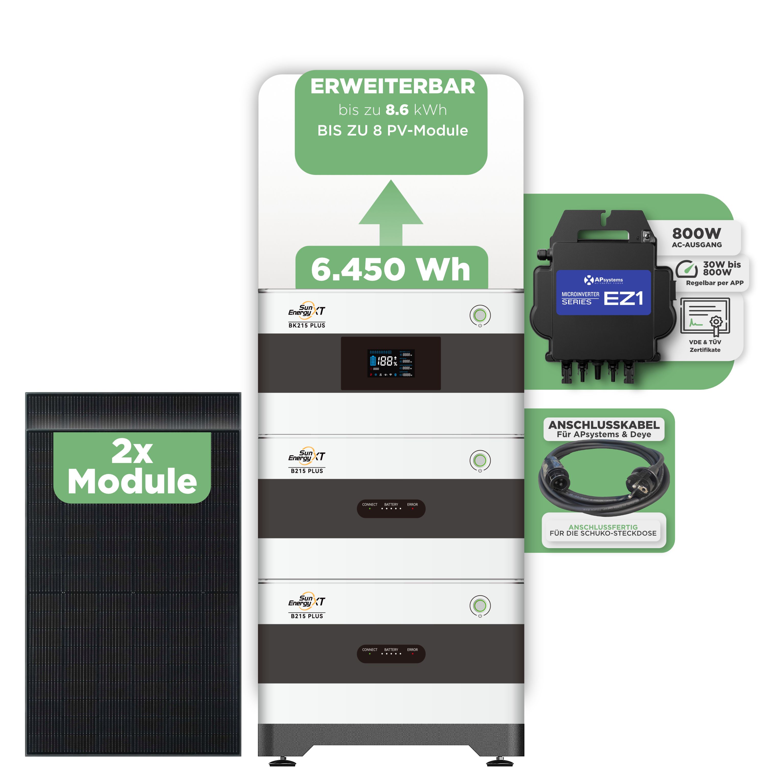 SunEnergyXT BK215 Plus Balkonkraftwerkspeicher 6.450 Wh / 800 W (Apsystems EZ1-M) / 10 m Schuko Kabel