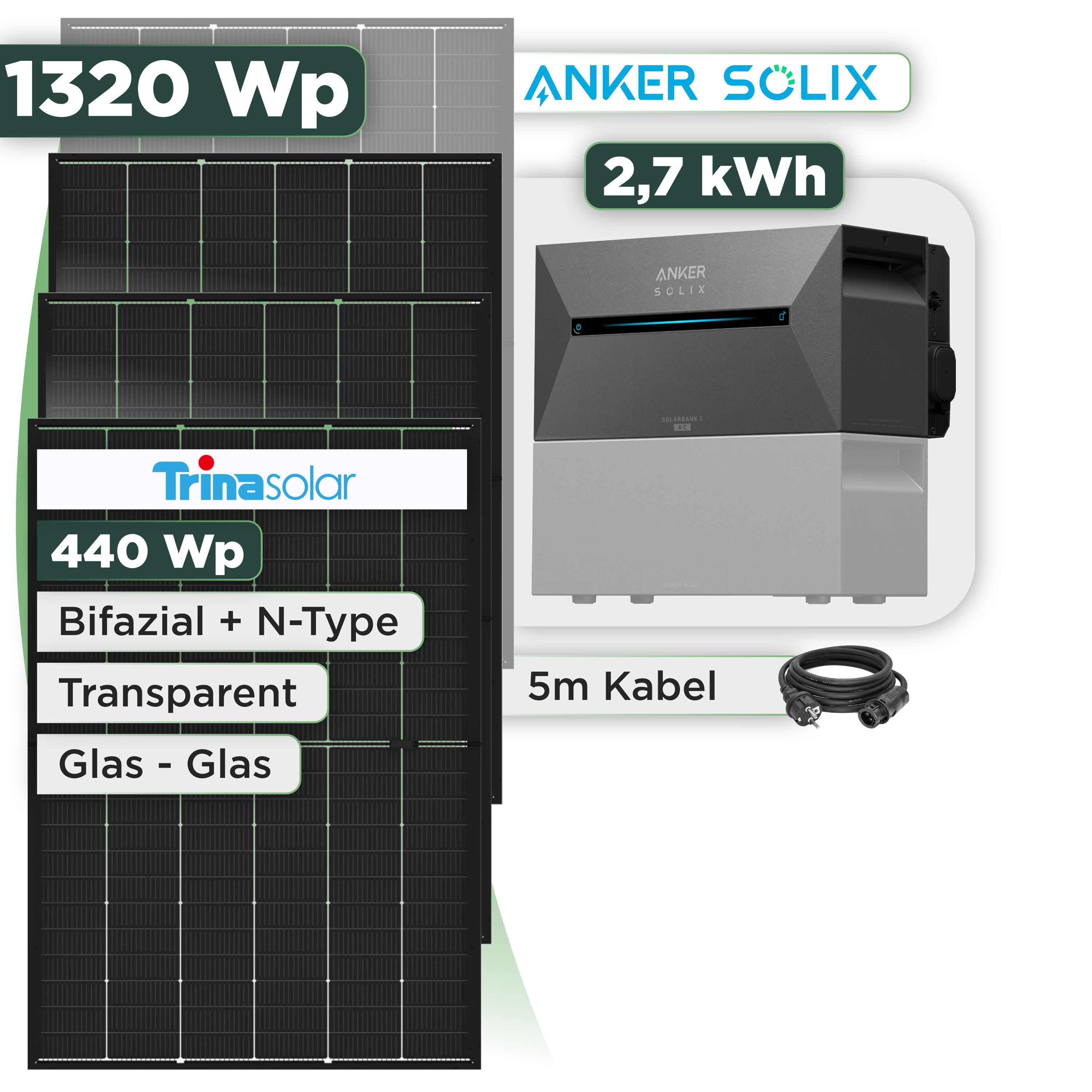 Balkonkraftwerk Set 1320 Wp Anker Solarbank 3 Pro / 2,7 kWh / Trina 440 Wp Glas-Glas Bifazial Modul / 3 Module / Schuko Stecker / 3 m