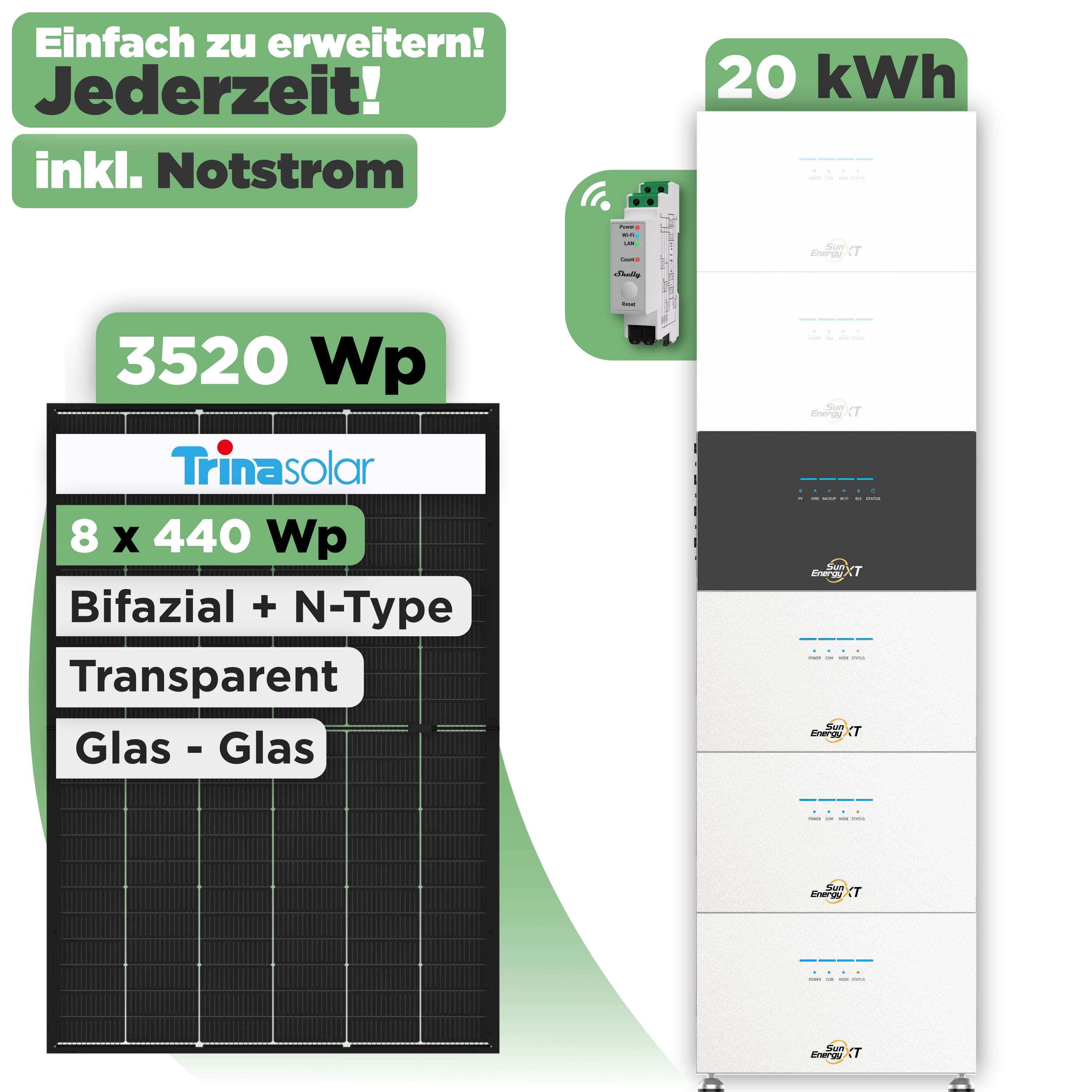 SunEnergyXT 500 Modulset 3520 Wp SunEnergyXT 500 (800 W) / 20 kWh / Shelly 3EM Pro / Trina 440 Wp / 8 Module