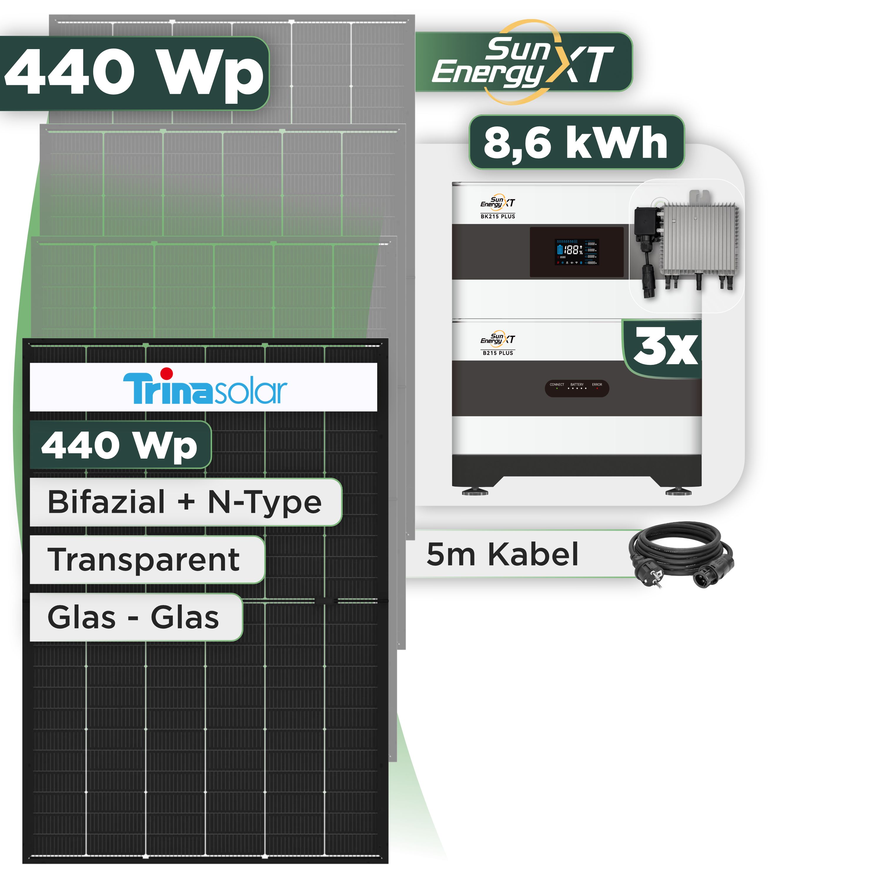 Balkonkraftwerk Set 440 Wp SunEnergyXT Plus / 8,6 kWh / Trina 440 Wp Glas-Glas Bifazial Modul / 1 Modul / Deye 800 W / Schuko Stecker