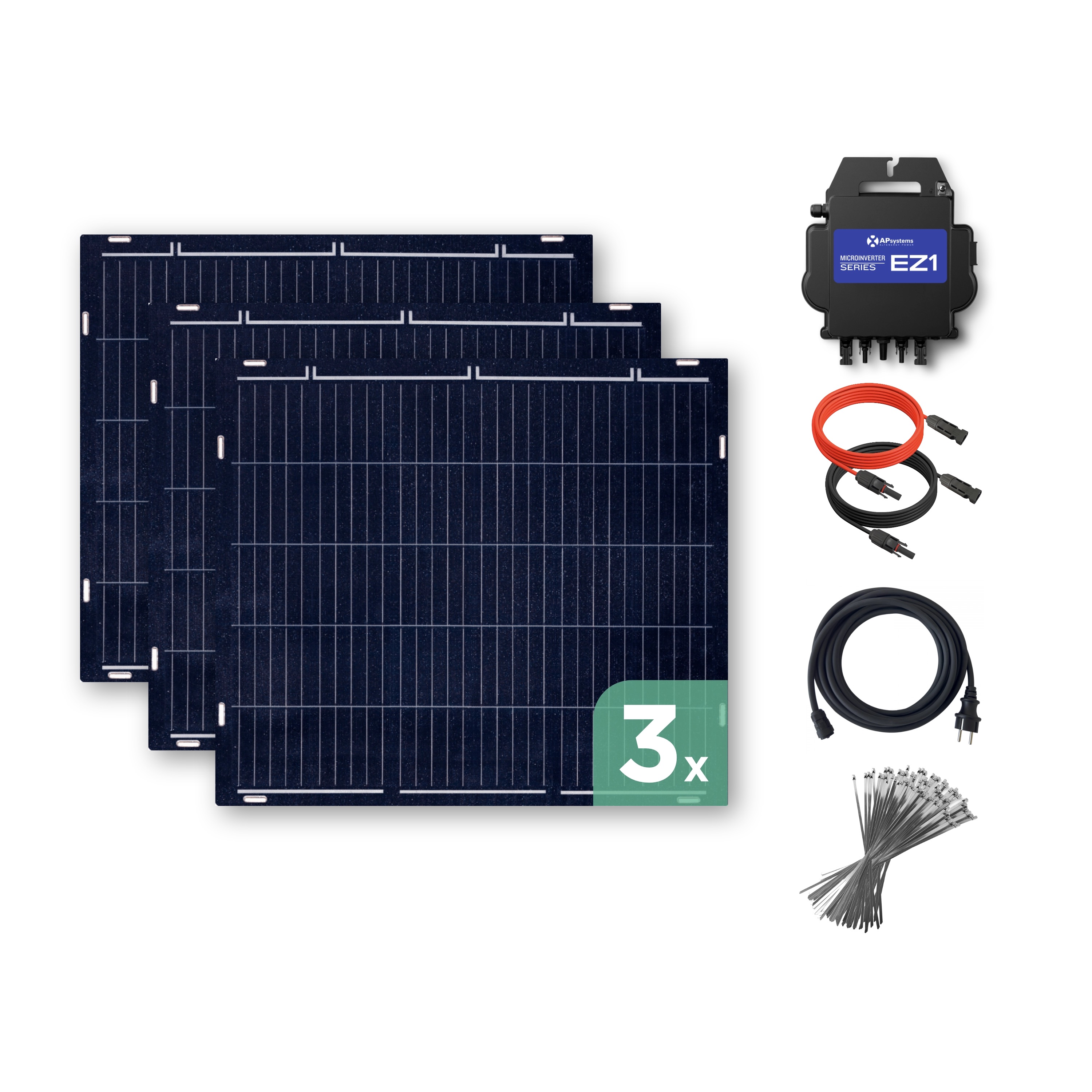 Balkonkraftwerk mit Ultraleicht-Modulen 450 Wp — APsystems EZ1-M 800 W / Sunman / 150 Wp (89 cm x 102 cm) / 3 Module / 15 m