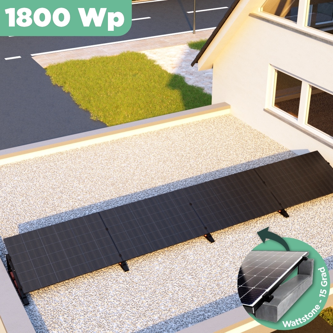 Balkonkraftwerk Flachdach 1800 Wp — APsystems EZ1-M 800 W / Trina Solar / 450 Wp (Glas-Glas Full Black) / Premium - Wattstone Black 15°  / eine Reihe quer / 4 Module / 20 m