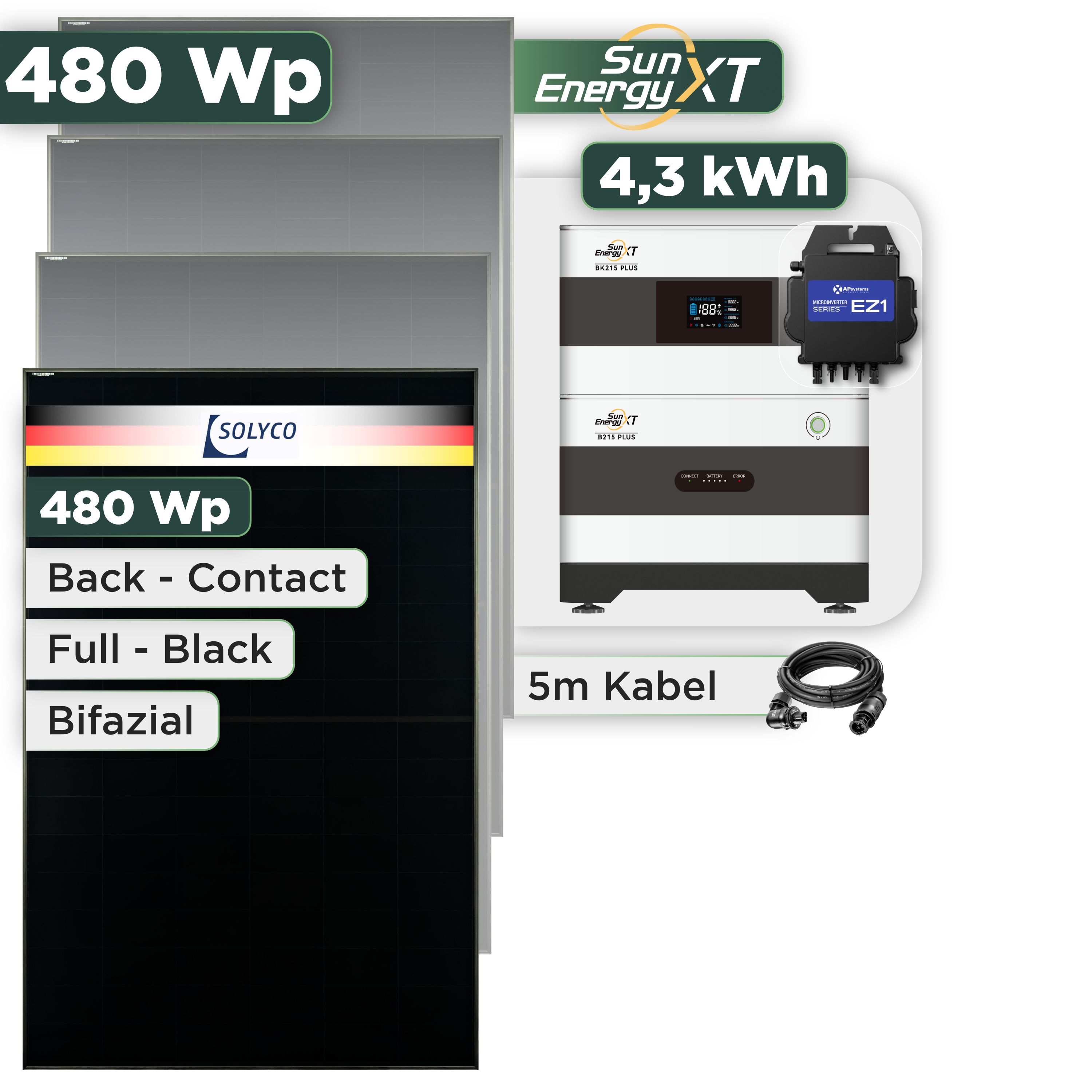 Balkonkraftwerk Set 480 Wp SunEnergyXT Plus / 4,3 kWh / Solyco 480 Wp Glas-Glas Fullblack Back Contact Modul / 1 Modul / APSystems EZ1-M (bis 800 W) / Wieland Stecker