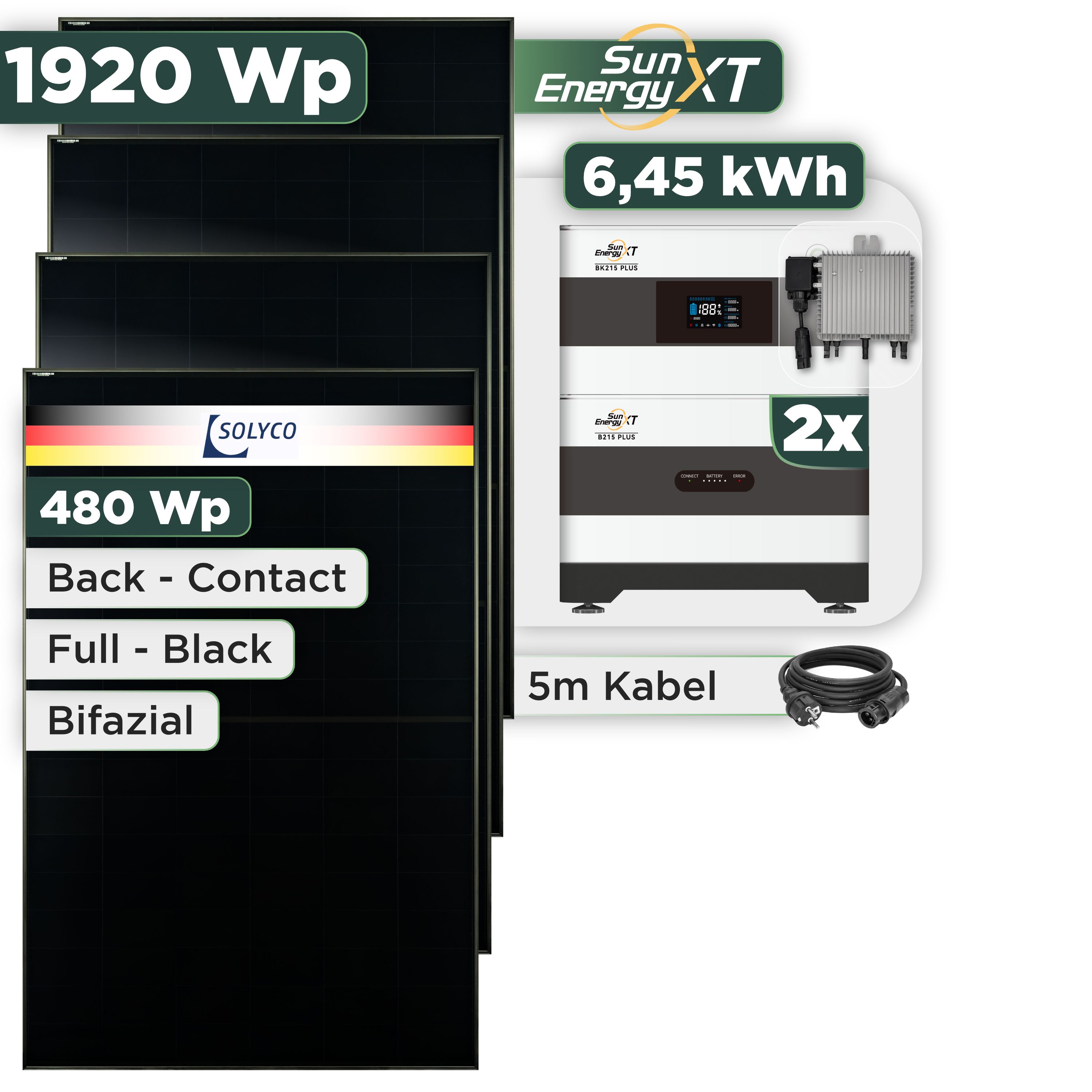 Balkonkraftwerk Set 1920 Wp SunEnergyXT Plus / 6,45 kWh / Solyco 480 Wp Glas-Glas Fullblack Back Contact Modul / 4 Module / Deye 800 W / Schuko Stecker