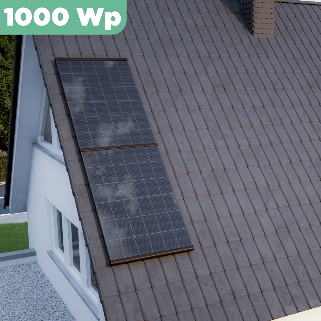 Balkonkraftwerk Ziegeldach 1000 Wp APsystems EZ1-M 800 W / Trina Solar / 500 Wp (Glas-Glas Full Black) / Premium Halterung / zwei Reihen hochkant / 2 Module