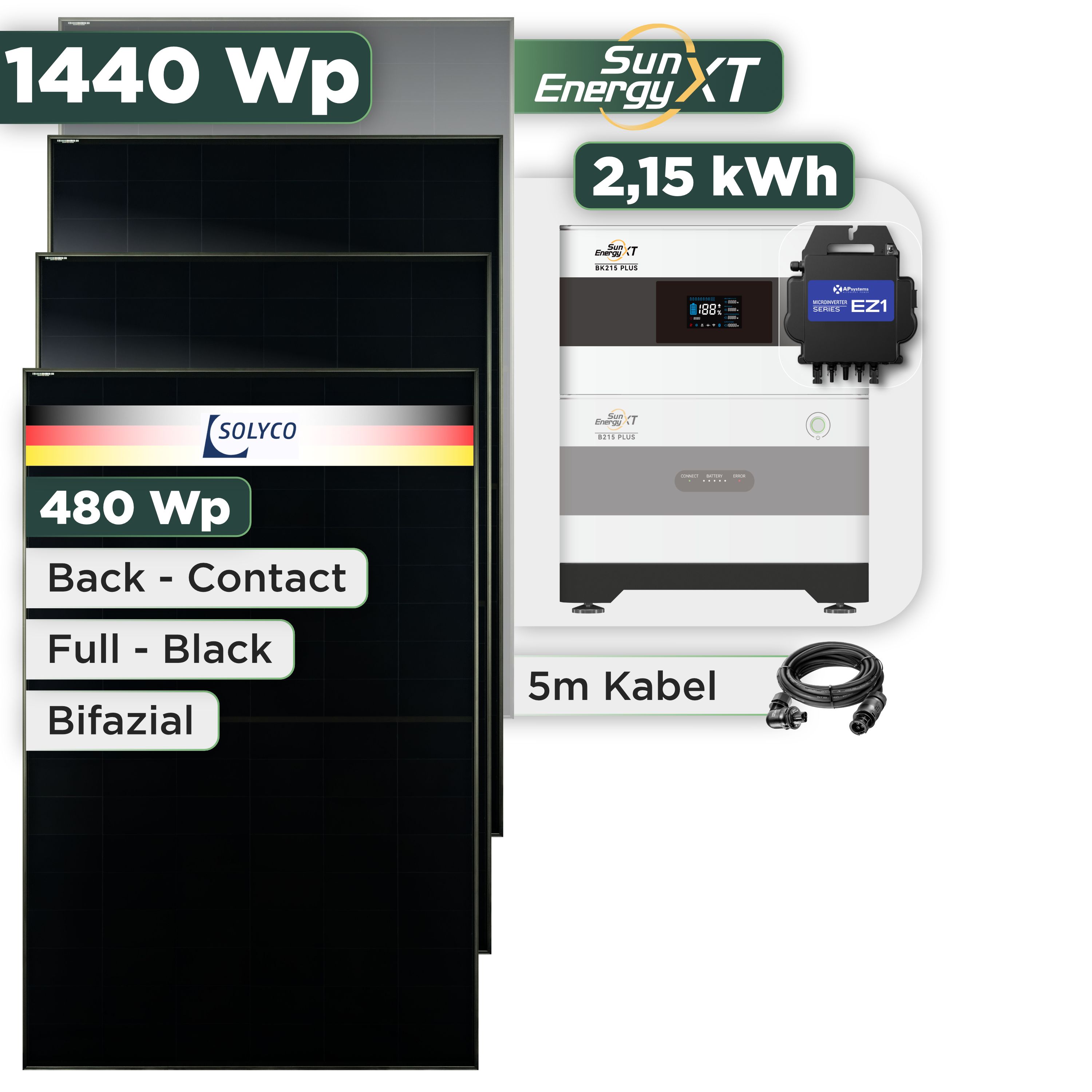Balkonkraftwerk Set 1440 Wp SunEnergyXT Plus / 2,15 kWh / Solyco 480 Wp Glas-Glas Fullblack Back Contact Modul / 3 Module / APSystems EZ1-M (bis 800 W) / Wieland Stecker