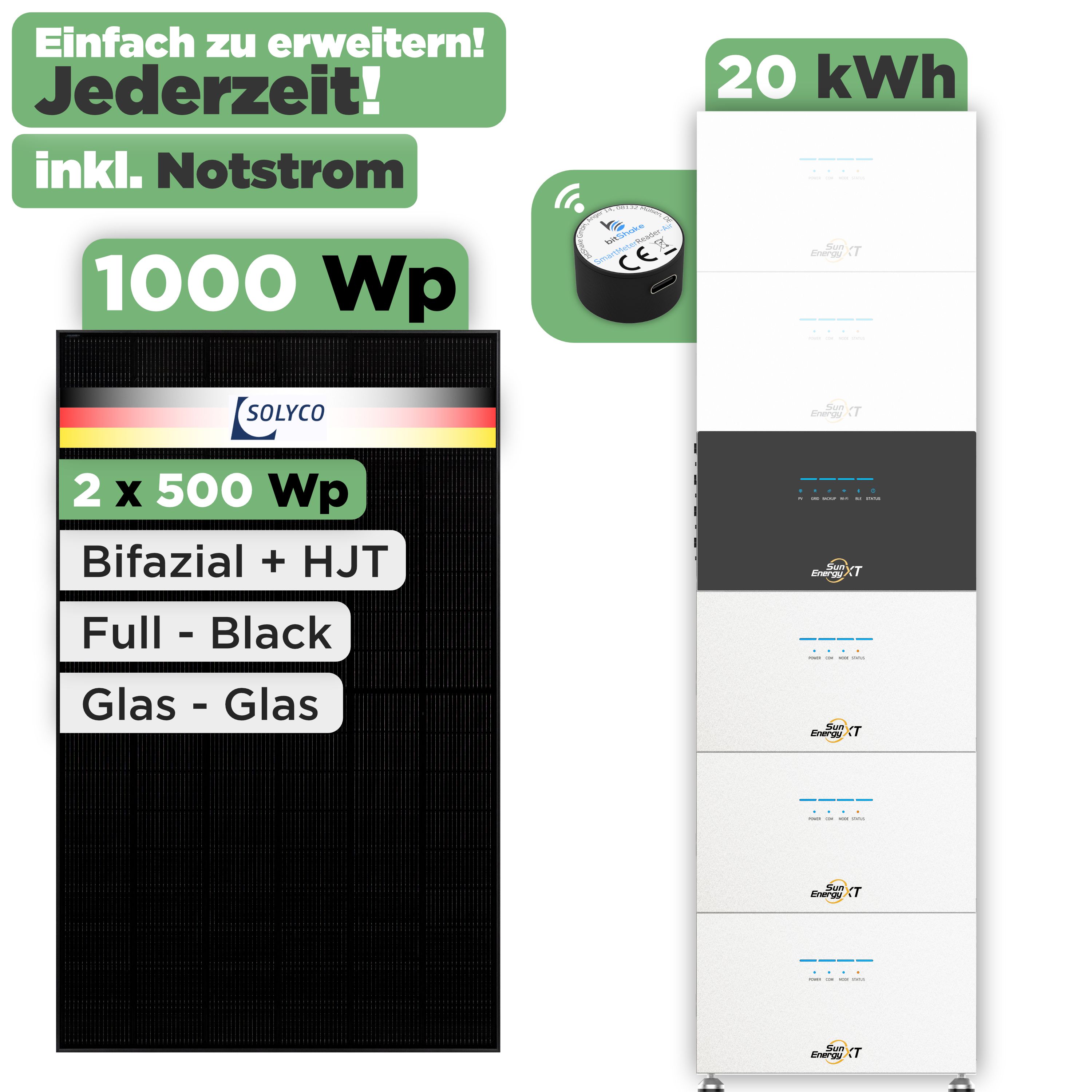 SunEnergyXT 500 Modulset 1000 Wp SunEnergyXT 500 Pro (2400 W) / 20 kWh / IR Lesekopf / Solyco 500 Wp / 2 Module