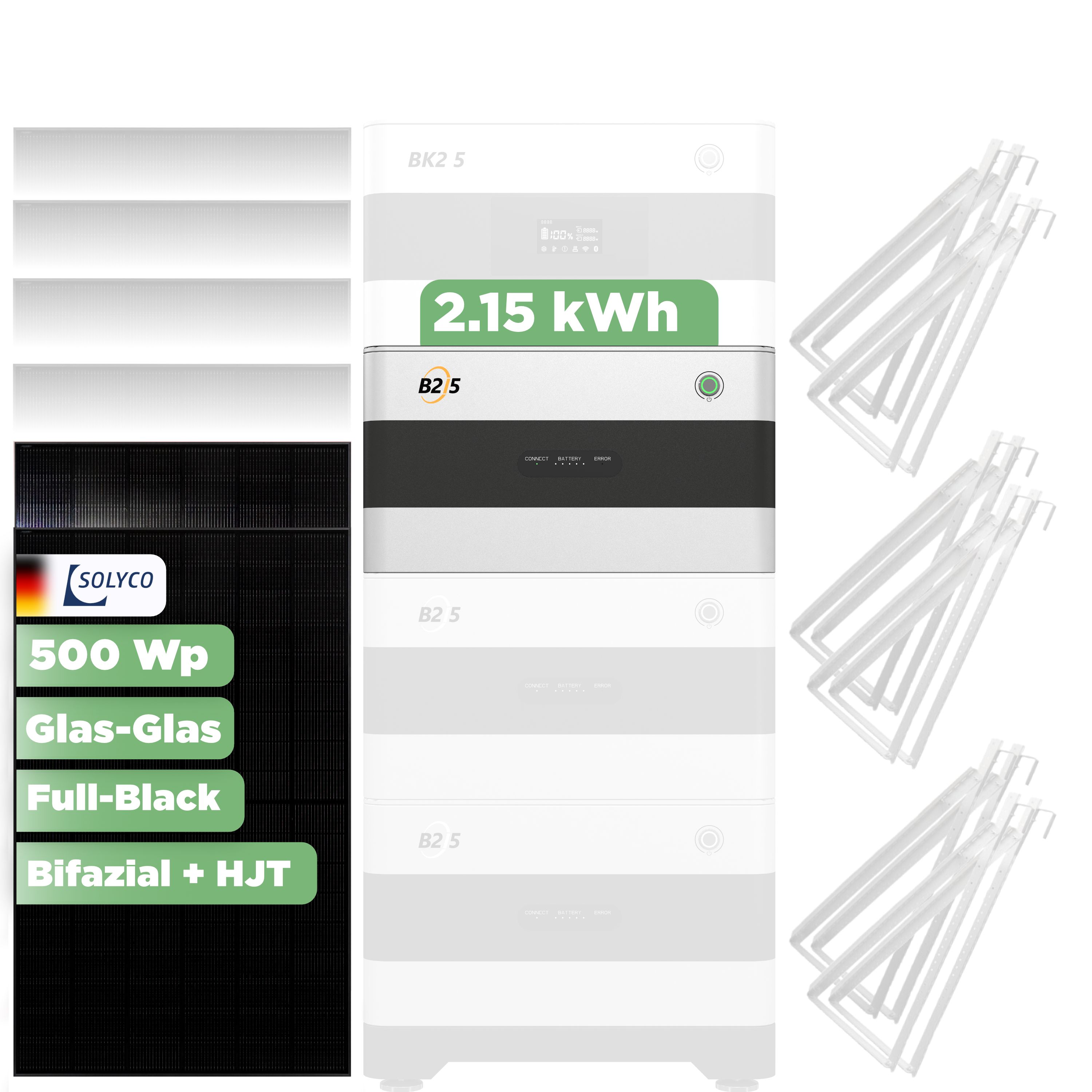SunEnergyXT Erweiterungsset 1000 Wp — 2.150 Wh / Solyco 500 Wp Glas-Glas Fullblack-Modul Bifazial / 2 Module