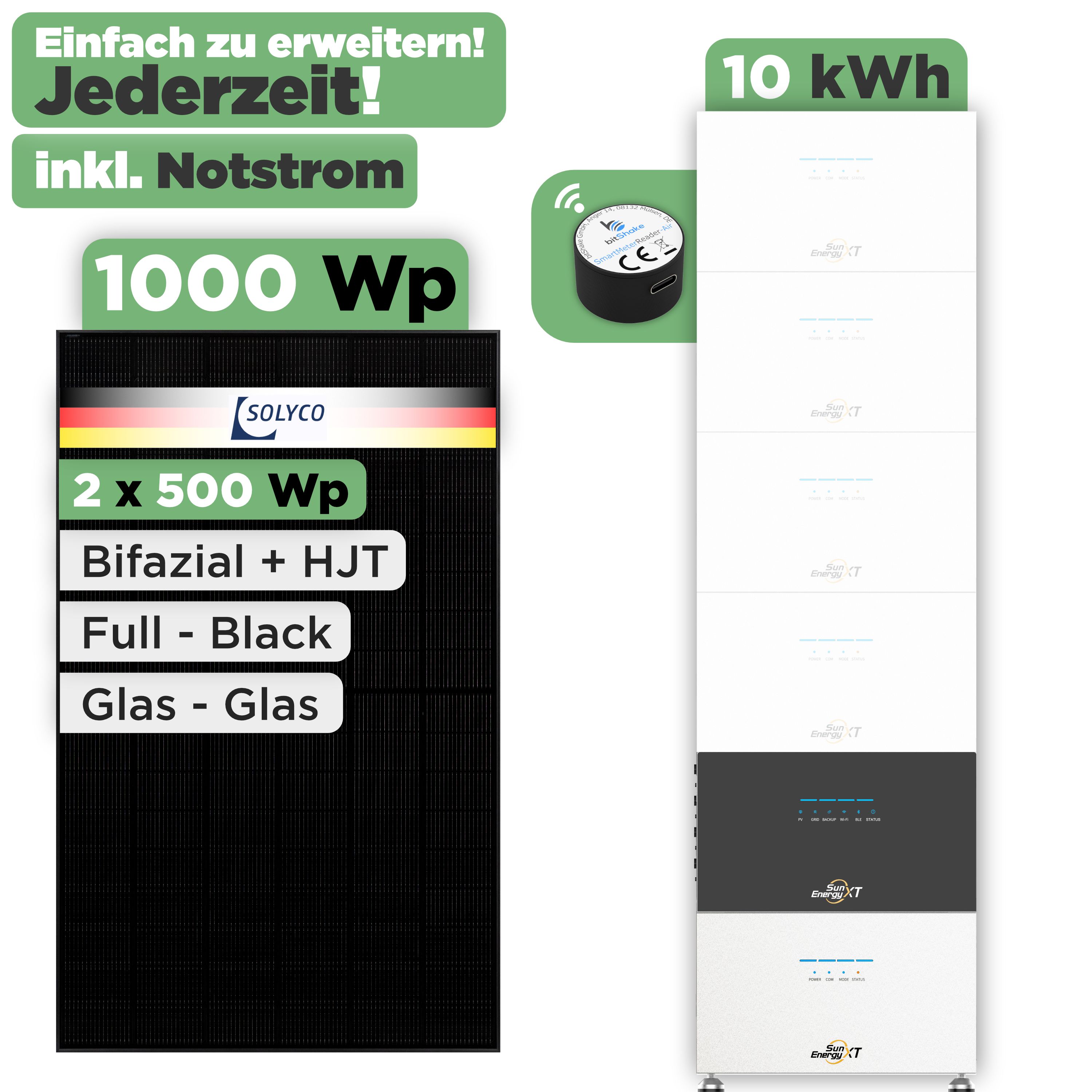 SunEnergyXT 500 Modulset 1000 Wp — SunEnergyXT 500 (800 W) / 10 kWh / IR Lesekopf / Solyco 500 Wp / 2 Module