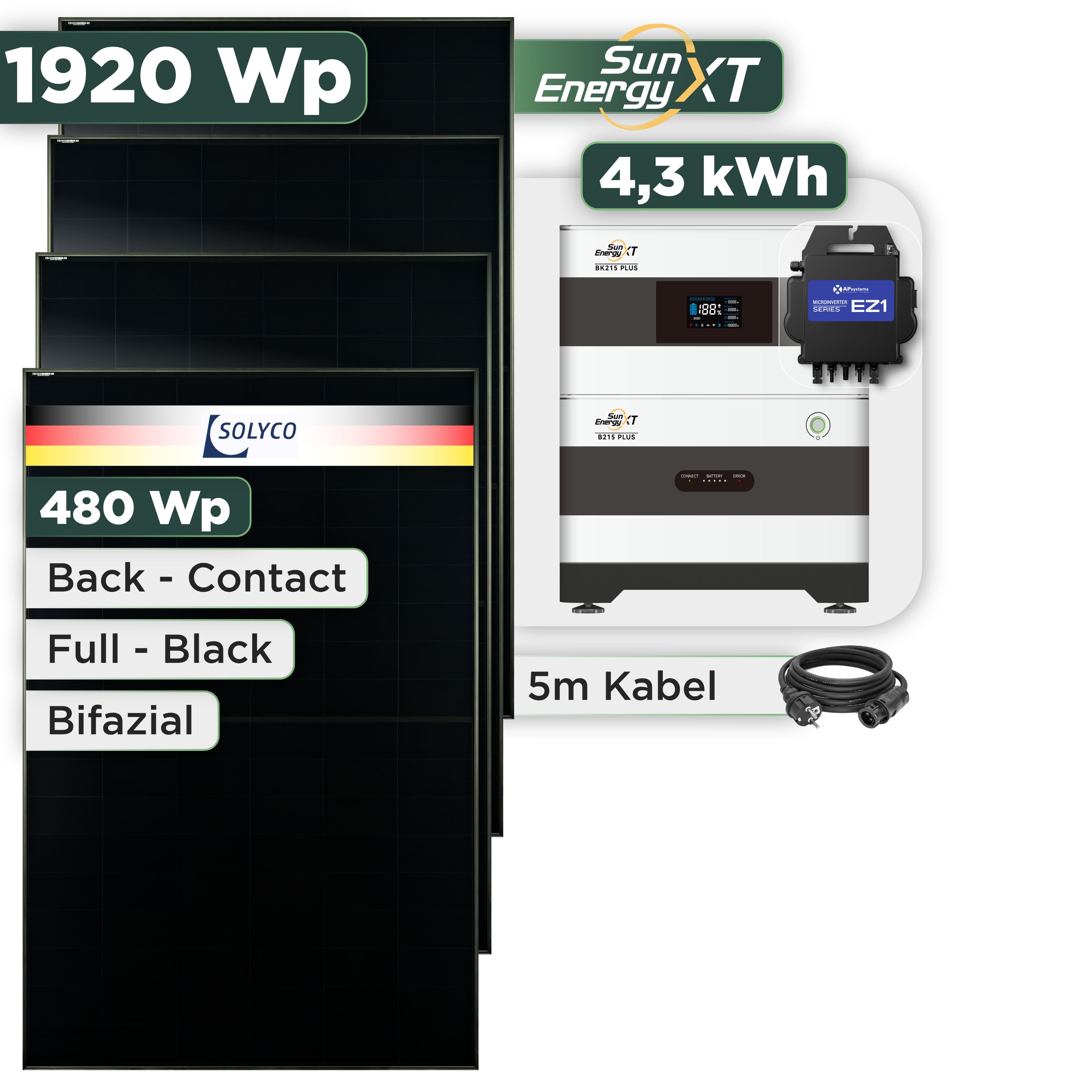Balkonkraftwerk Set 1920 Wp SunEnergyXT Plus / 4,3 kWh / Solyco 480 Wp Glas-Glas Fullblack Back Contact Modul / 4 Module / APSystems EZ1-M (bis 800 W) / Schuko Stecker