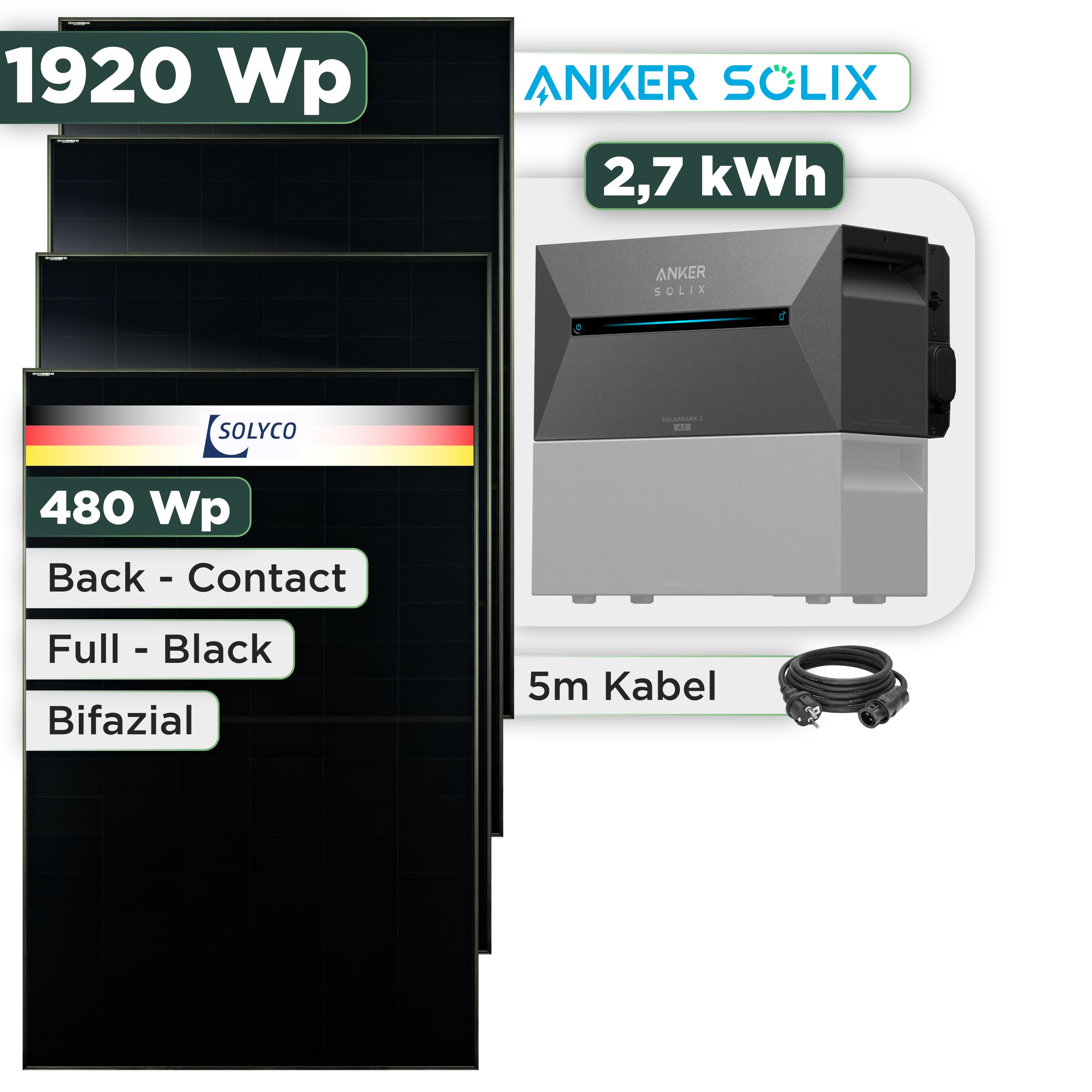 Balkonkraftwerk Set 1920 Wp Anker Solarbank 3 Pro / 2,7 kWh / Solyco 480 Wp Glas-Glas Fullblack Back Contact Modul / 4 Module / Schuko Stecker / 3 m