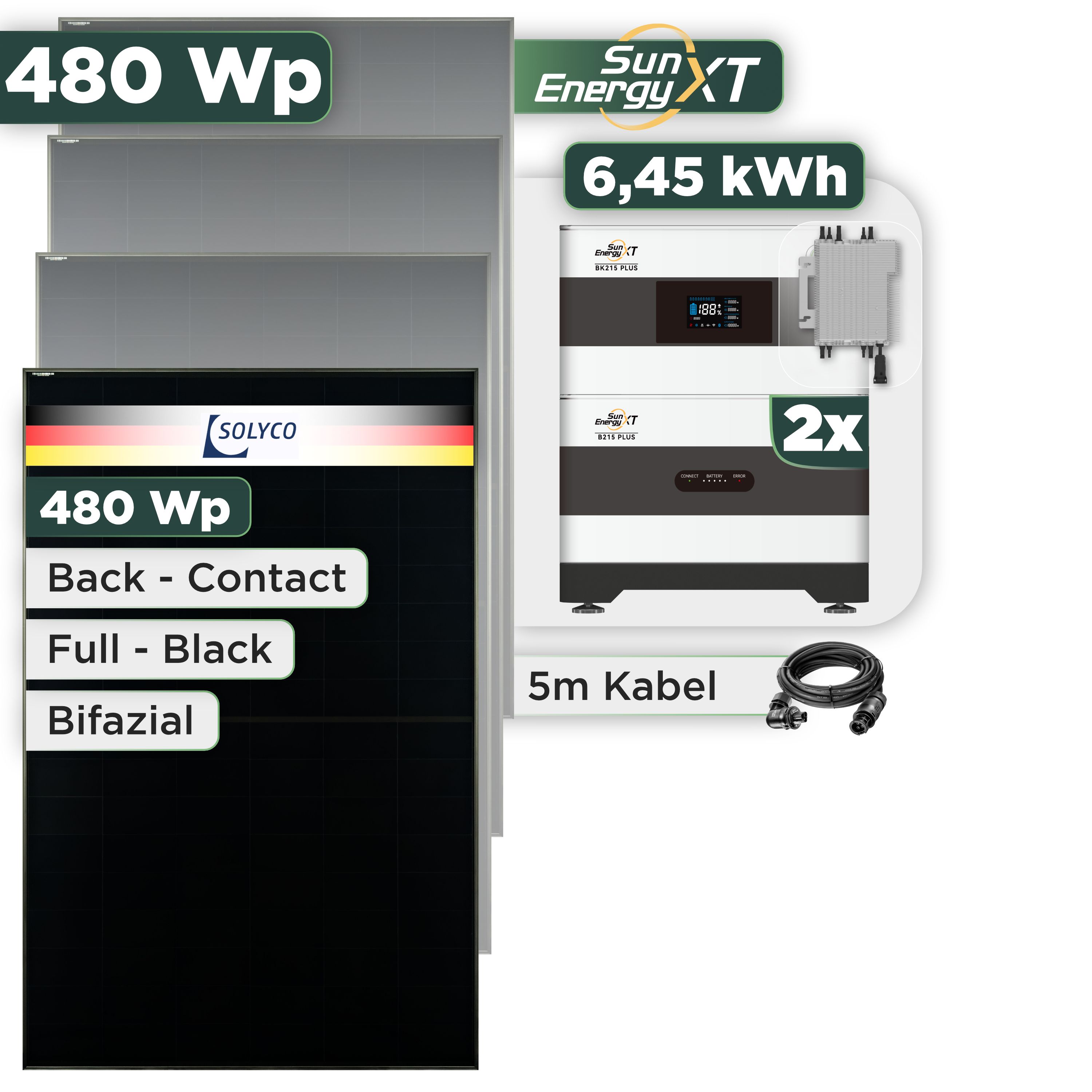 Balkonkraftwerk Set 480 Wp SunEnergyXT Plus / 6,45 kWh / Solyco 480 Wp Glas-Glas Fullblack Back Contact Modul / 1 Modul / Deye 2000 W / Wieland Stecker