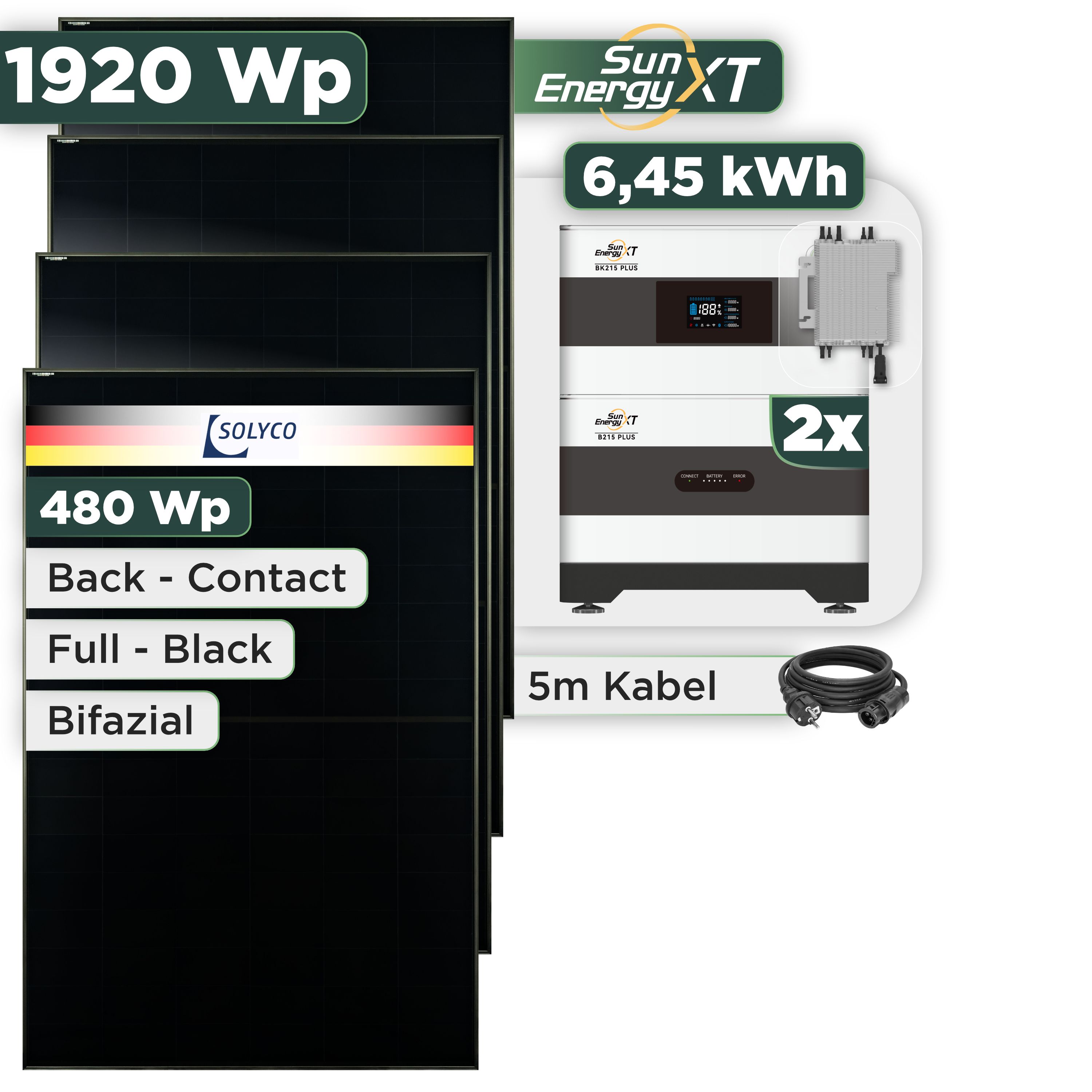 Balkonkraftwerk Set 1920 Wp SunEnergyXT Plus / 6,45 kWh / Solyco 480 Wp Glas-Glas Fullblack Back Contact Modul / 4 Module / Deye 2000 W / Schuko Stecker