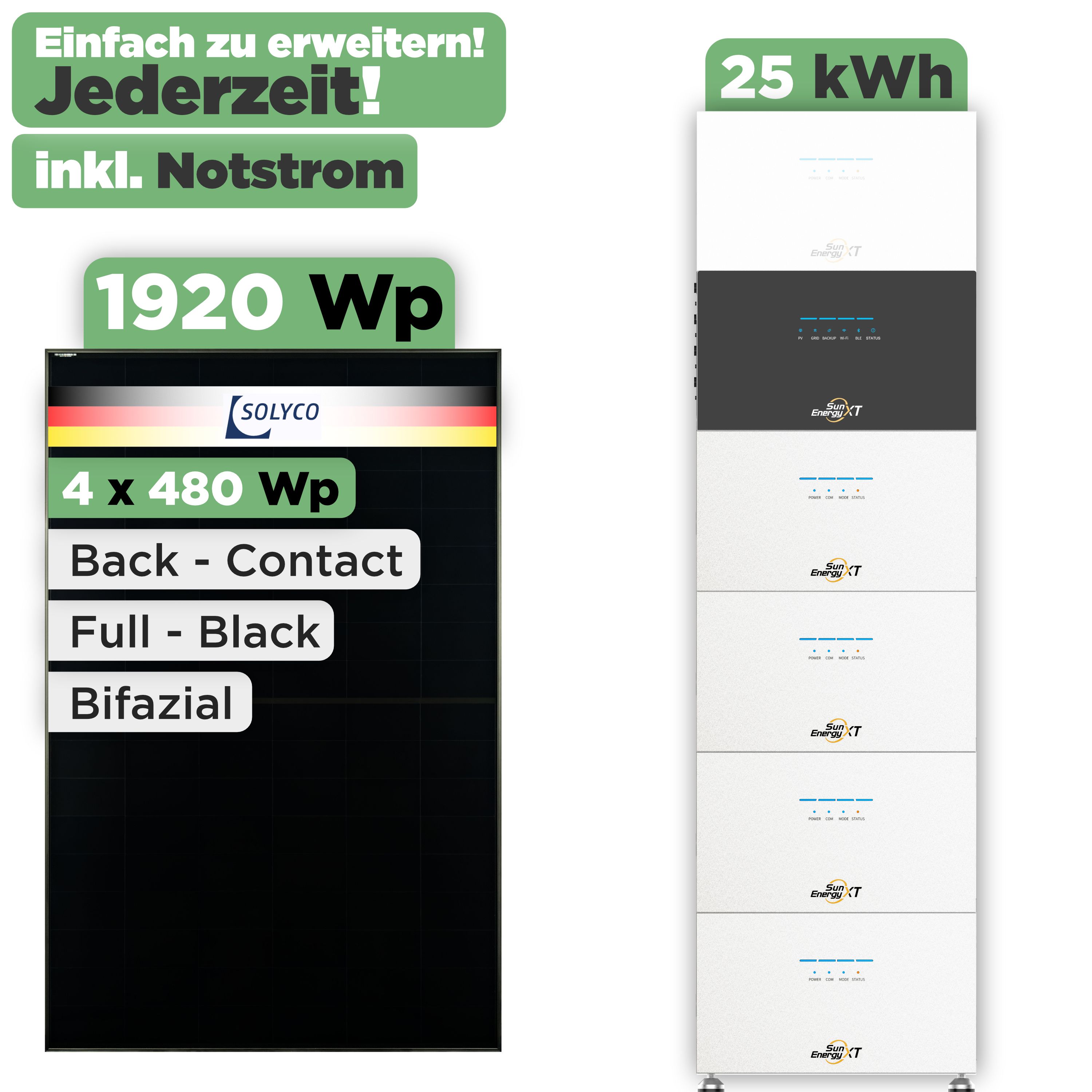 SunEnergyXT 500 Modulset 1920 Wp SunEnergyXT 500 (800 W) / 25 kWh / Solyco 480 Wp / 4 Module