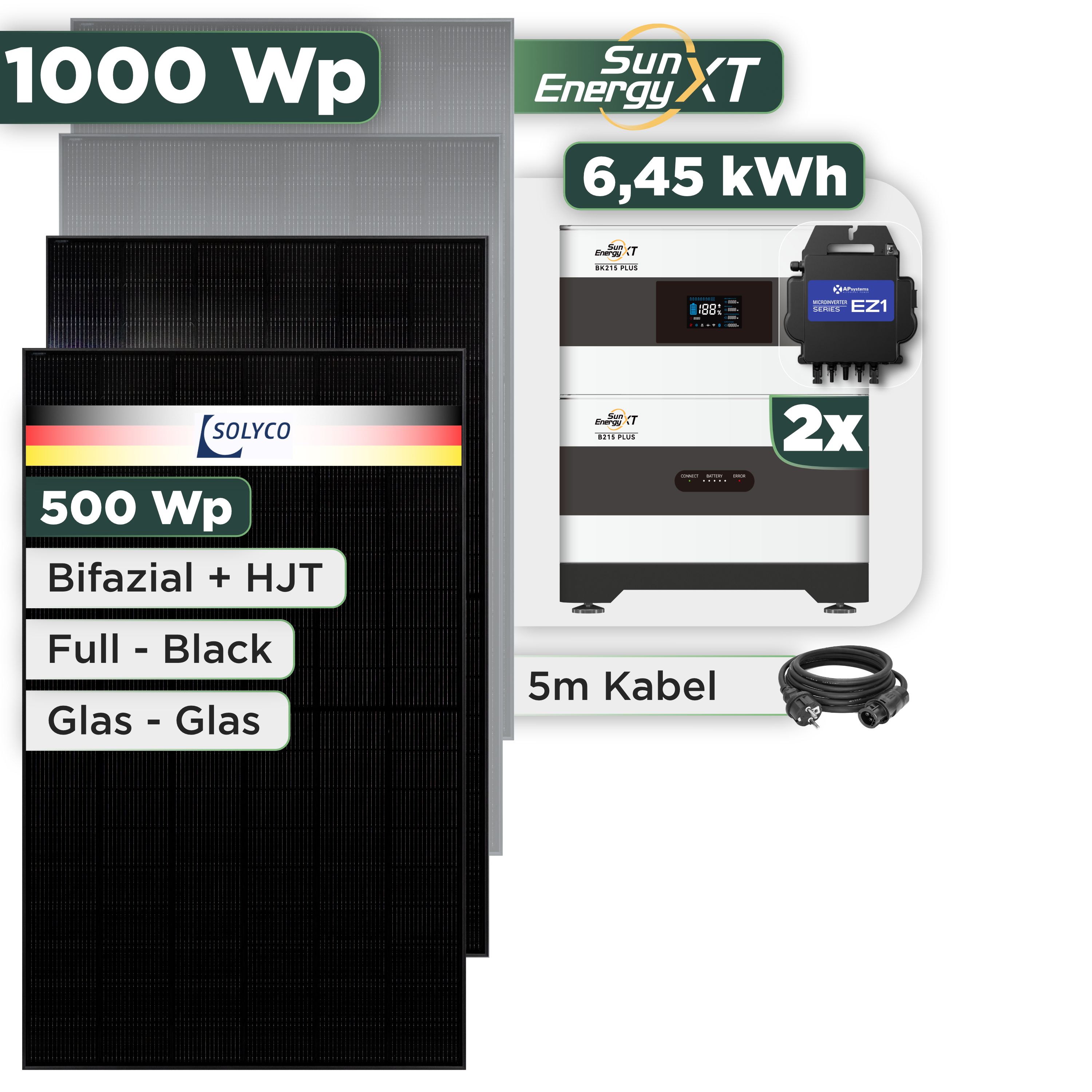Balkonkraftwerk Set 1000 Wp SunEnergyXT Plus / 6,45 kWh / Solyco 500 Wp Glas-Glas Fullblack-Modul Bifazial / 2 Module / APSystems EZ1-M (bis 800 W) / Schuko Stecker