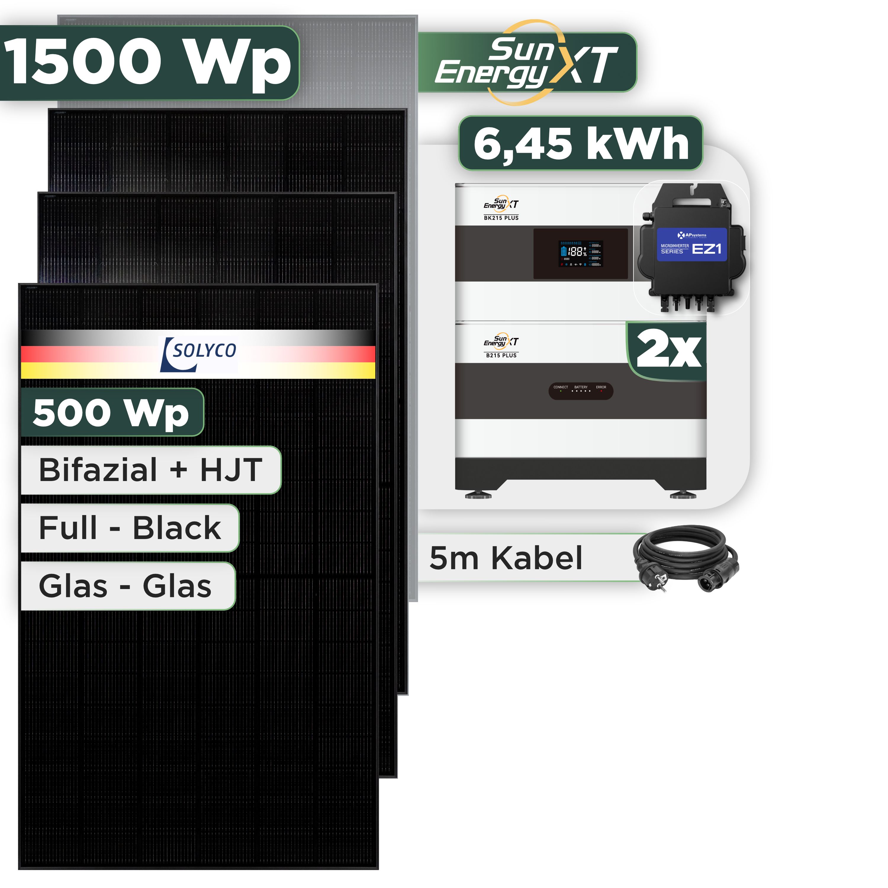 Balkonkraftwerk Set 1500 Wp SunEnergyXT Plus / 6,45 kWh / Solyco 500 Wp Glas-Glas Fullblack-Modul Bifazial / 3 Module / APSystems EZ1-M (bis 800 W) / Schuko Stecker