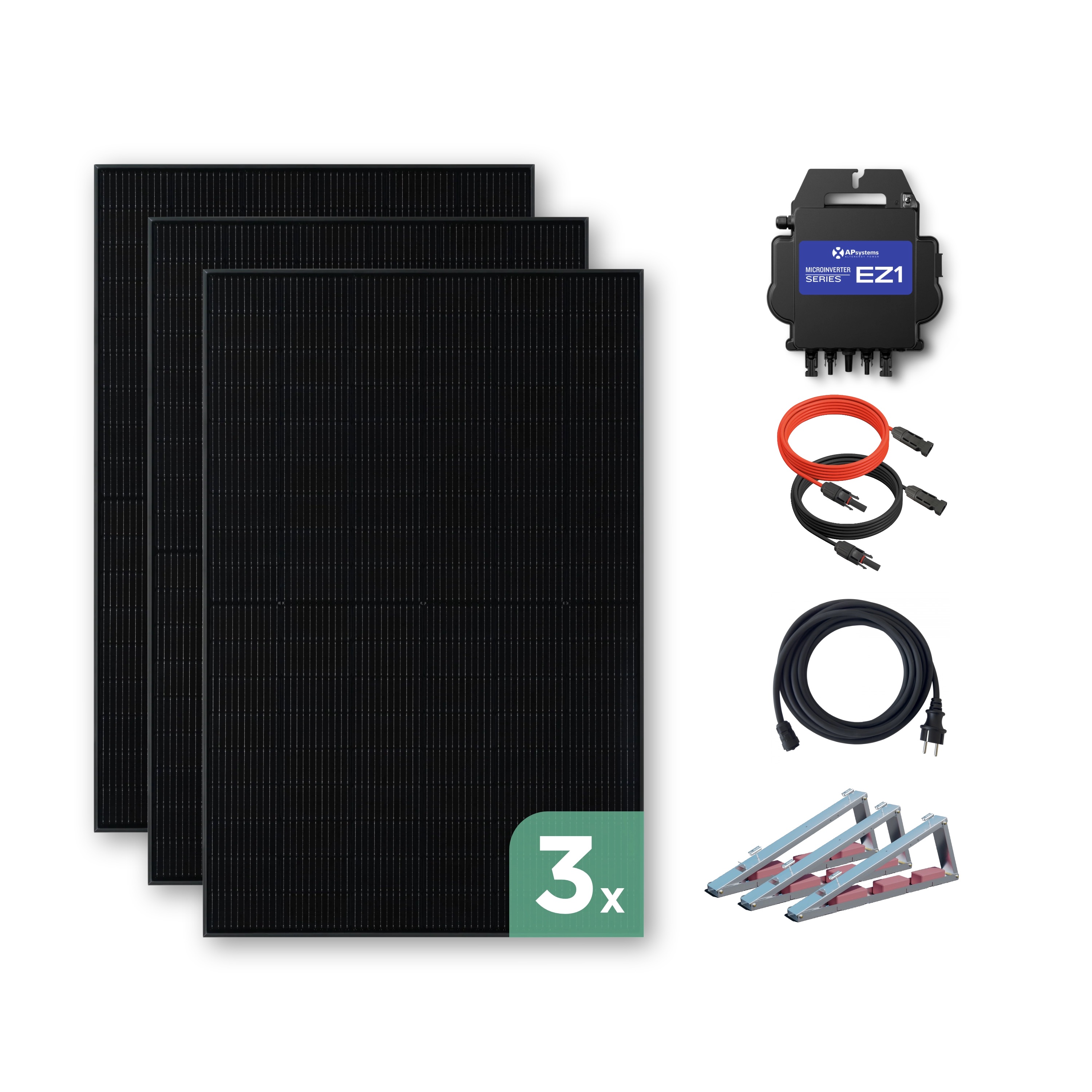 Balkonkraftwerk Flachdach 1350 Wp — APsystems EZ1-M 800 W / Trina Solar / 450 Wp (Glas-Glas Full Black) / Premium - Wattstone Black 15°  / eine Reihe quer / 3 Module / 20 m