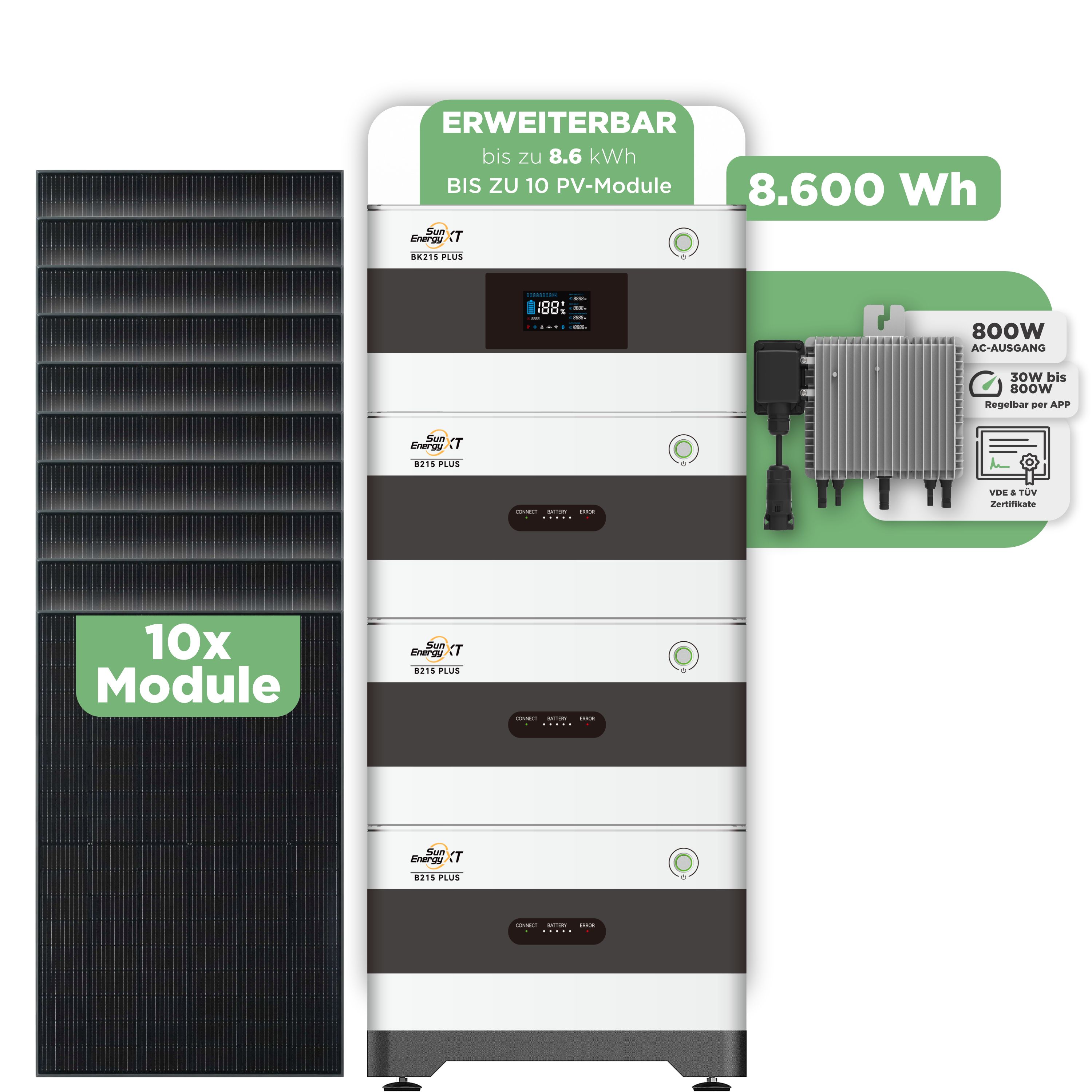 SunEnergyXT Balkonkraftwerkspeicher — 8.600 Wh / 800 W (Deye-SUN-M) / 10 x Trina 440 Wp Bifazial