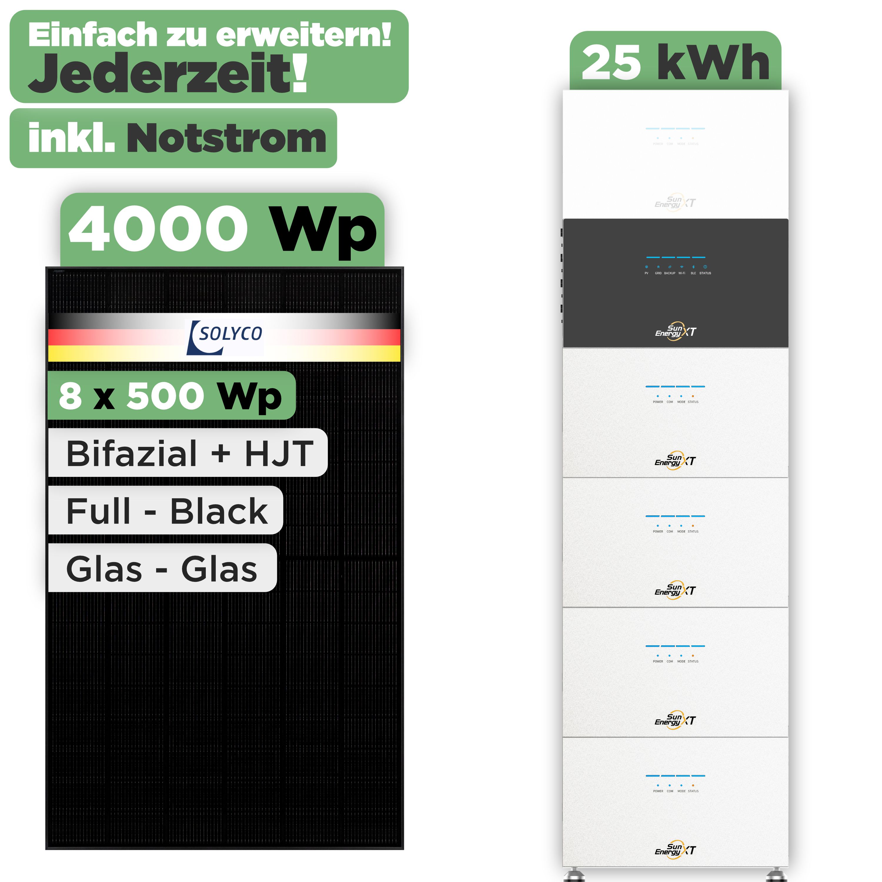 SunEnergyXT 500 Modulset 4000 Wp SunEnergyXT 500 (800 W) / 25 kWh / Solyco 500 Wp / 8 Module