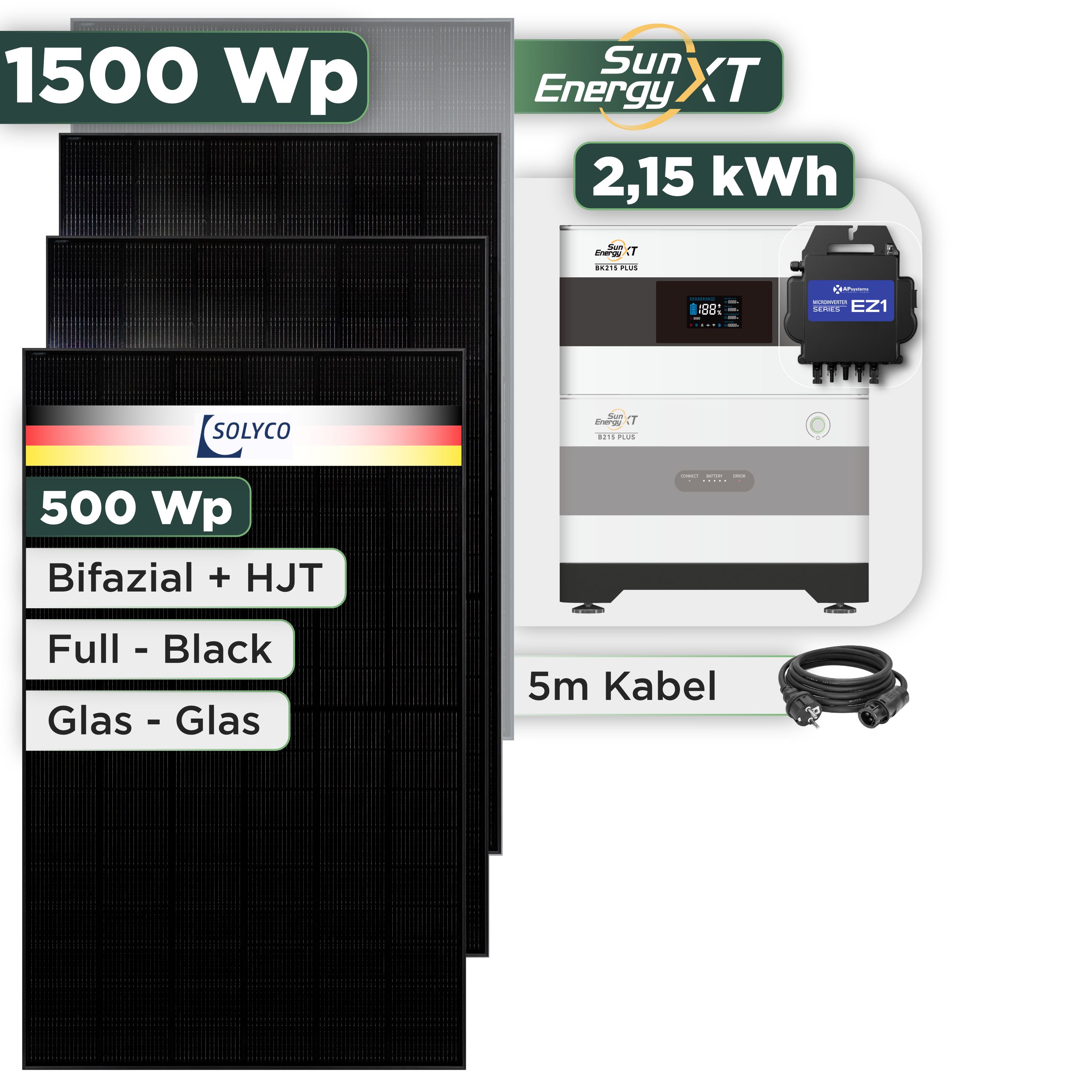 Balkonkraftwerk Set 1500 Wp SunEnergyXT Plus / 2,15 kWh / Solyco 500 Wp Glas-Glas Fullblack-Modul Bifazial / 3 Module / APSystems EZ1-M (bis 800 W) / Schuko Stecker