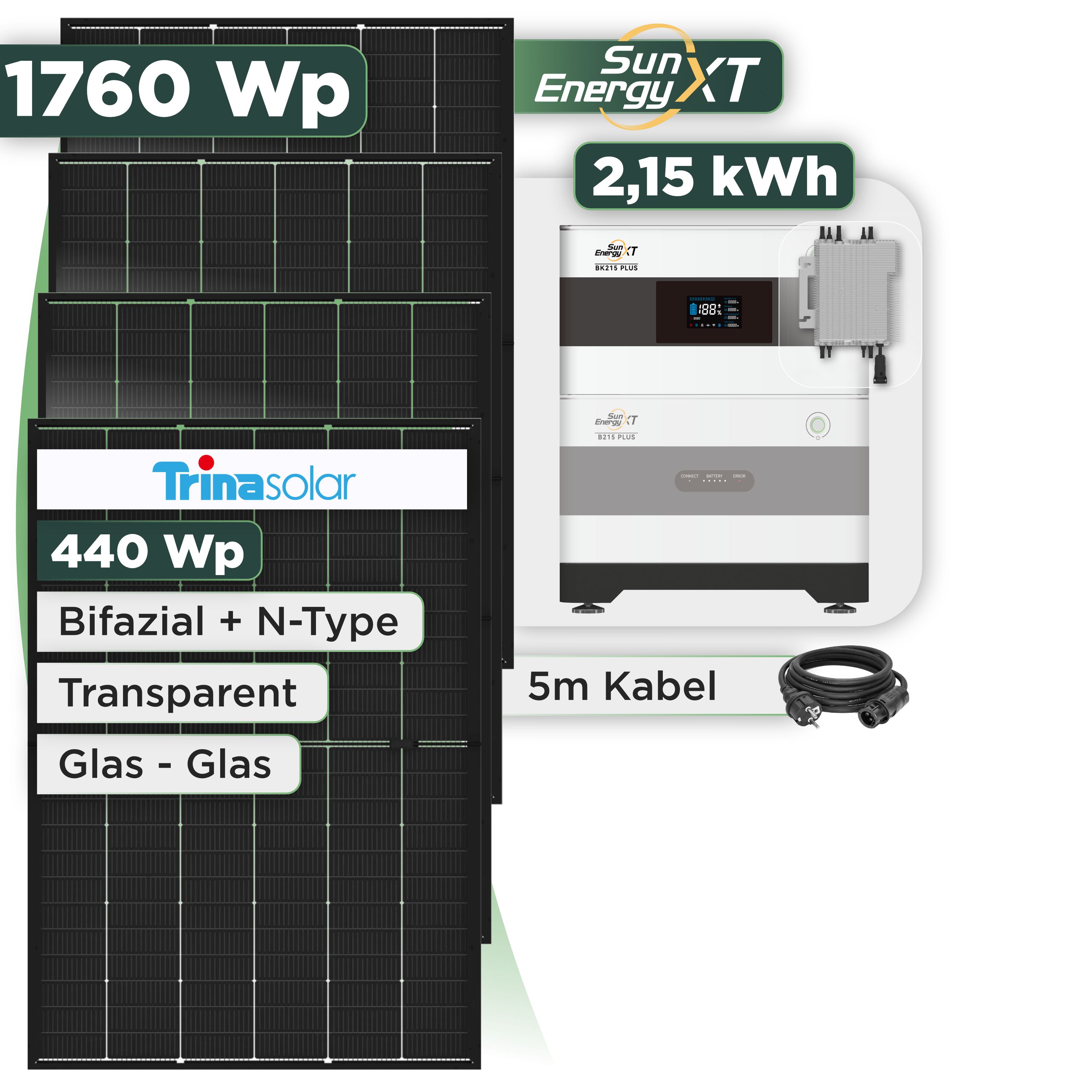 Balkonkraftwerk Set 1760 Wp SunEnergyXT Plus / 2,15 kWh / Trina 440 Wp Glas-Glas Bifazial Modul / 4 Module / Deye 2000 W / Schuko Stecker