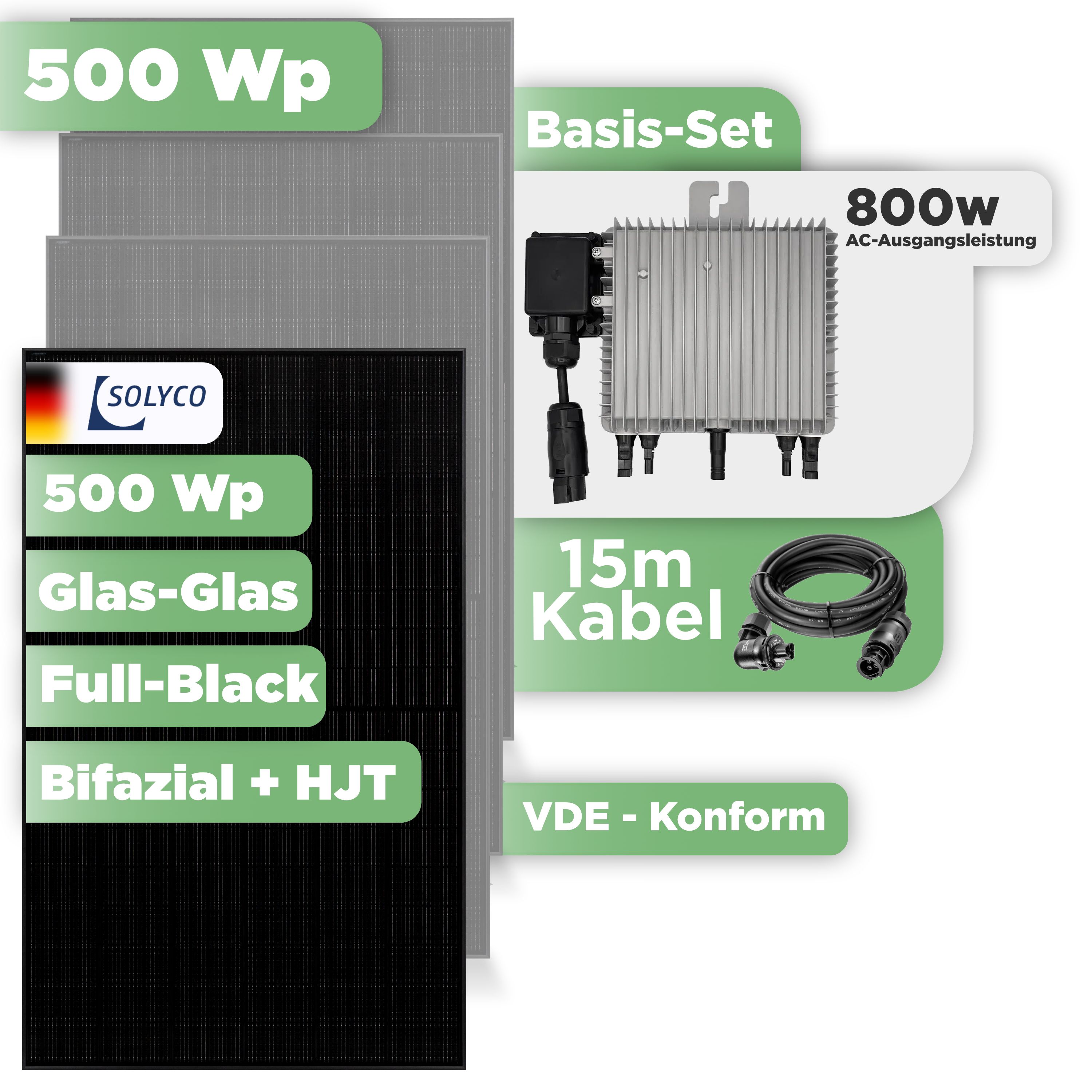 Balkonkraftwerk Basic Set 500 Wp — Solyco 500 Wp Glas-Glas Fullblack-Modul Bifazial / 1 Modul / Deye 800 W / Wieland Stecker / 15 m