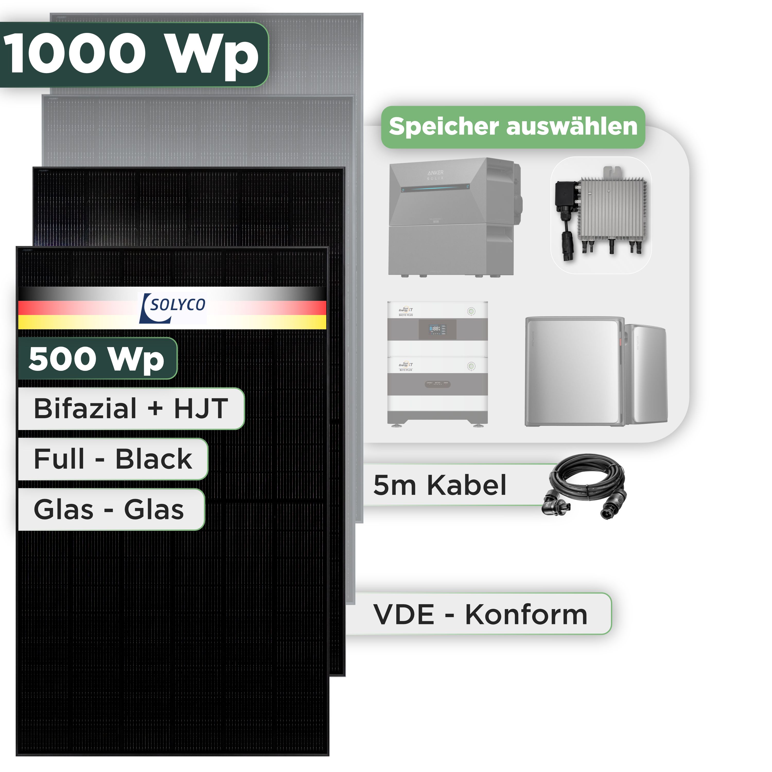 Balkonkraftwerk Set 1000 Wp Solyco 500 Wp Glas-Glas Fullblack-Modul Bifazial / 2 Module / Deye 800 W / Wieland Stecker
