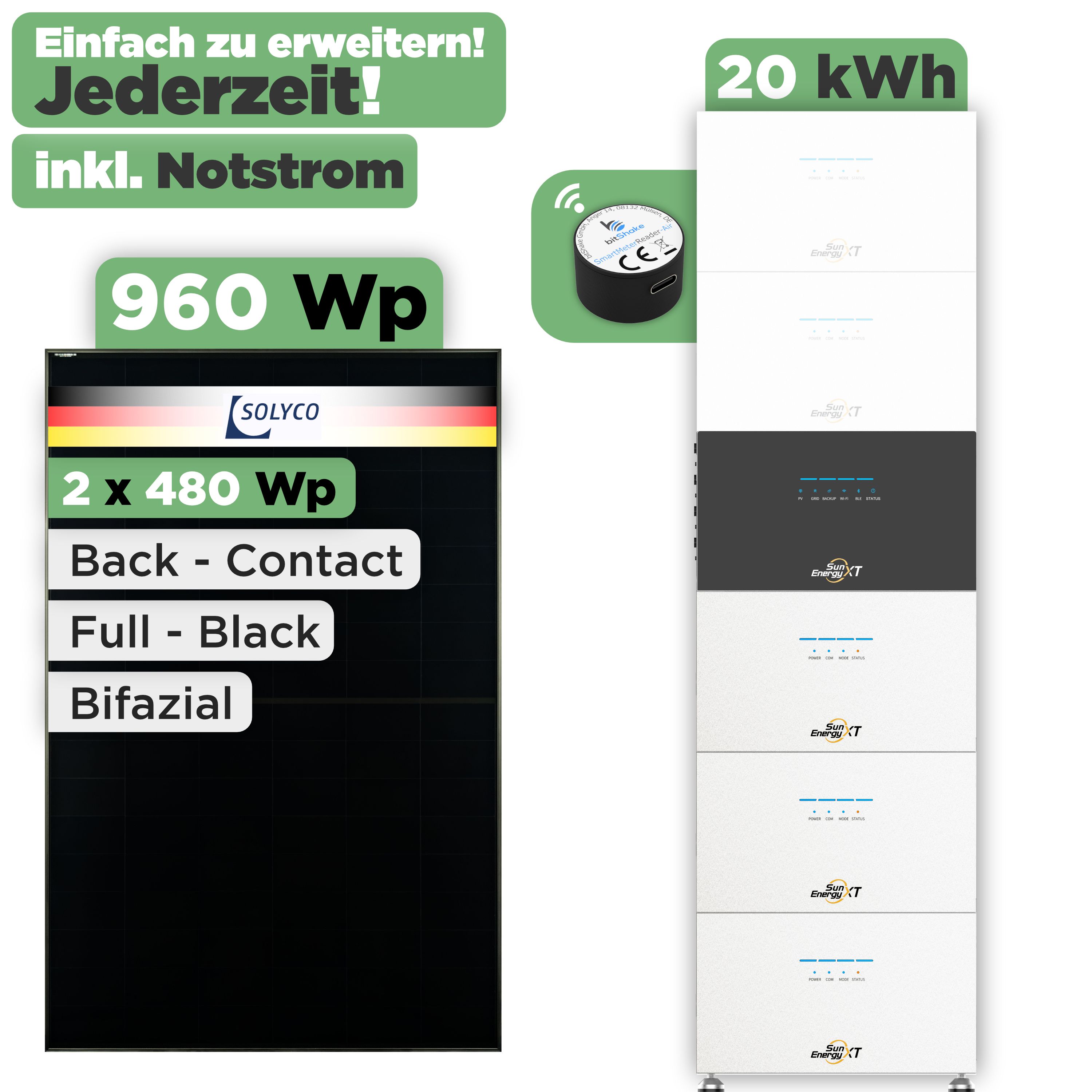 SunEnergyXT 500 Modulset 960 Wp SunEnergyXT 500 Pro (2400 W) / 20 kWh / IR Lesekopf / Solyco 480 Wp / 2 Module