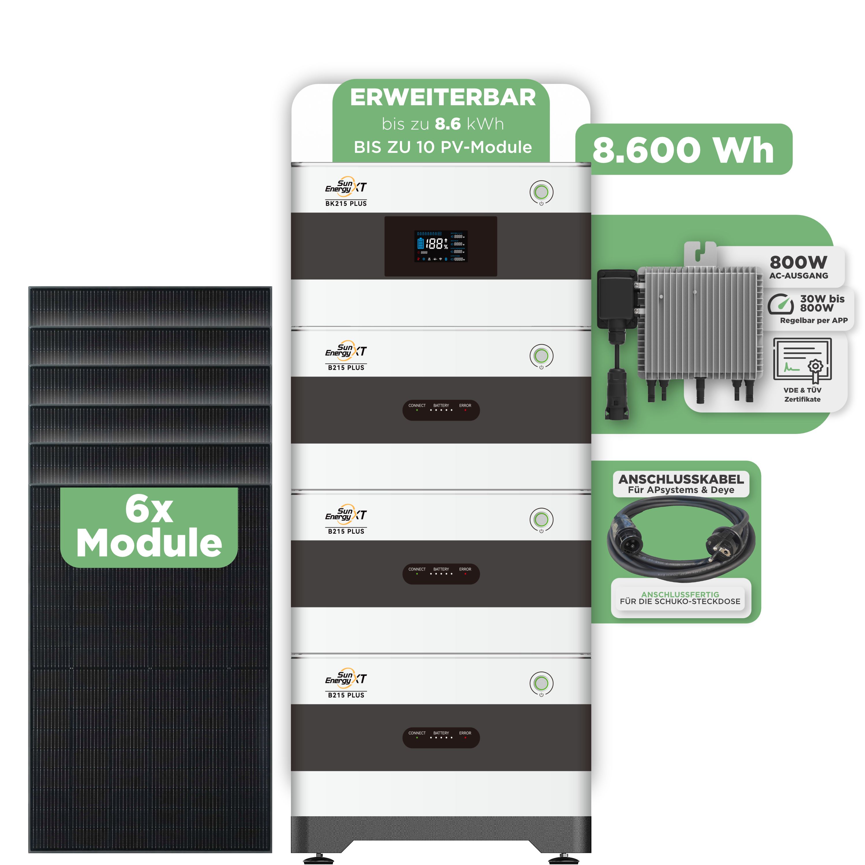 SunEnergyXT Balkonkraftwerkspeicher — 8.600 Wh / 800 W (Deye-SUN-M) / 5 m Schuko Kabel / 6 x Trina 440 Wp Bifazial