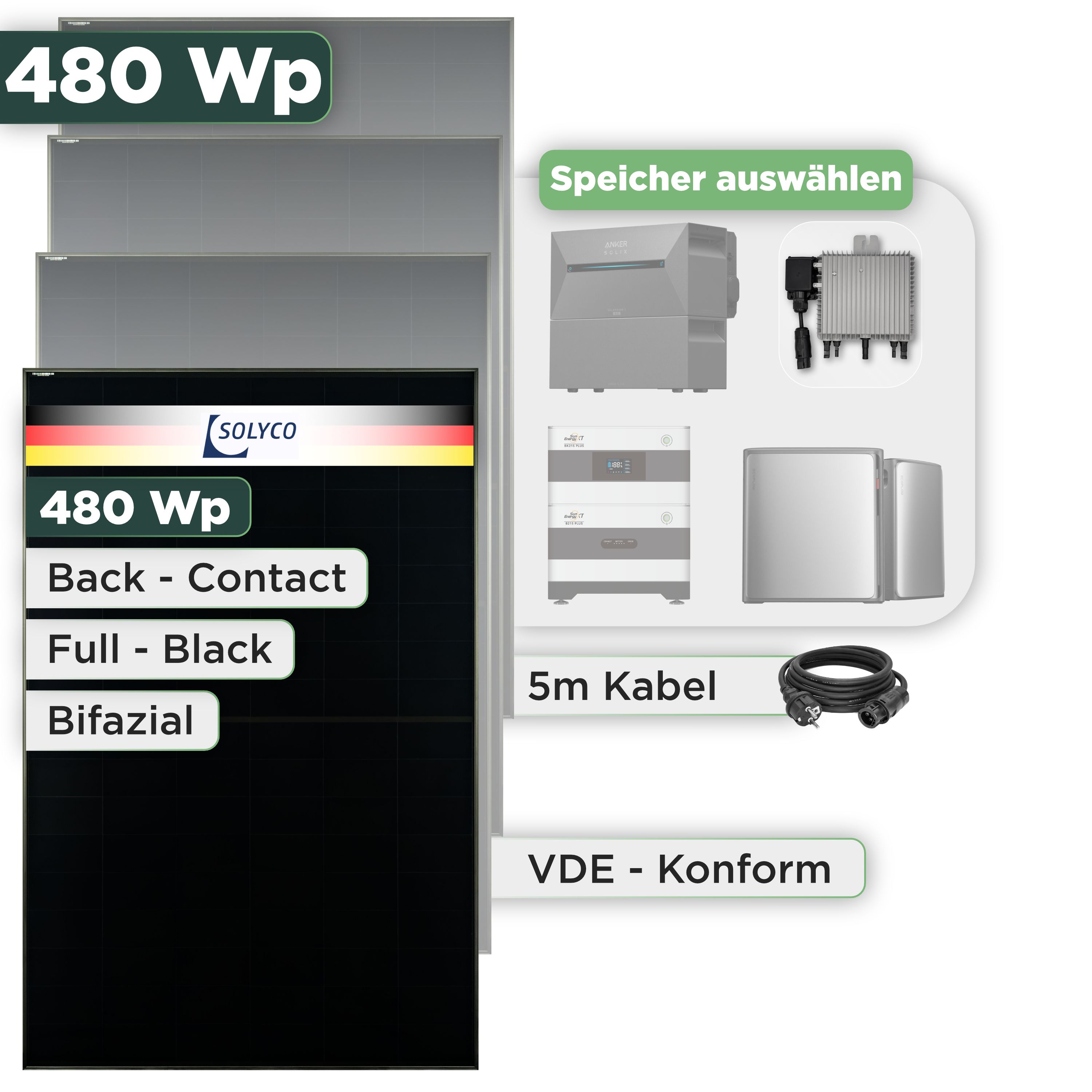 Balkonkraftwerk Set 480 Wp Solyco 480 Wp Glas-Glas Fullblack Back Contact Modul / 1 Modul / Deye 800 W / Schuko Stecker
