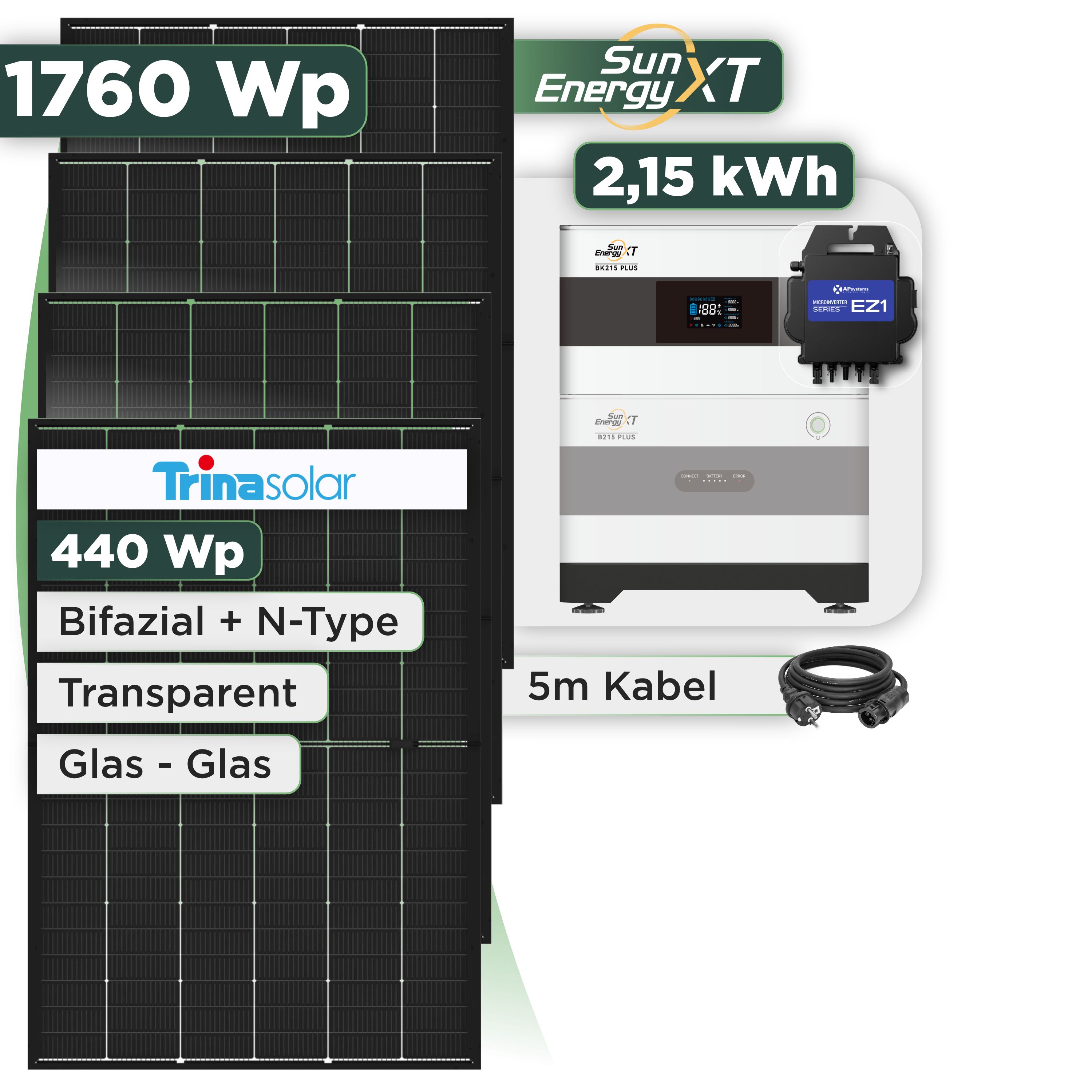 Balkonkraftwerk Set 1760 Wp SunEnergyXT Plus / 2,15 kWh / Trina 440 Wp Glas-Glas Bifazial Modul / 4 Module / APSystems EZ1-M (bis 800 W) / Schuko Stecker