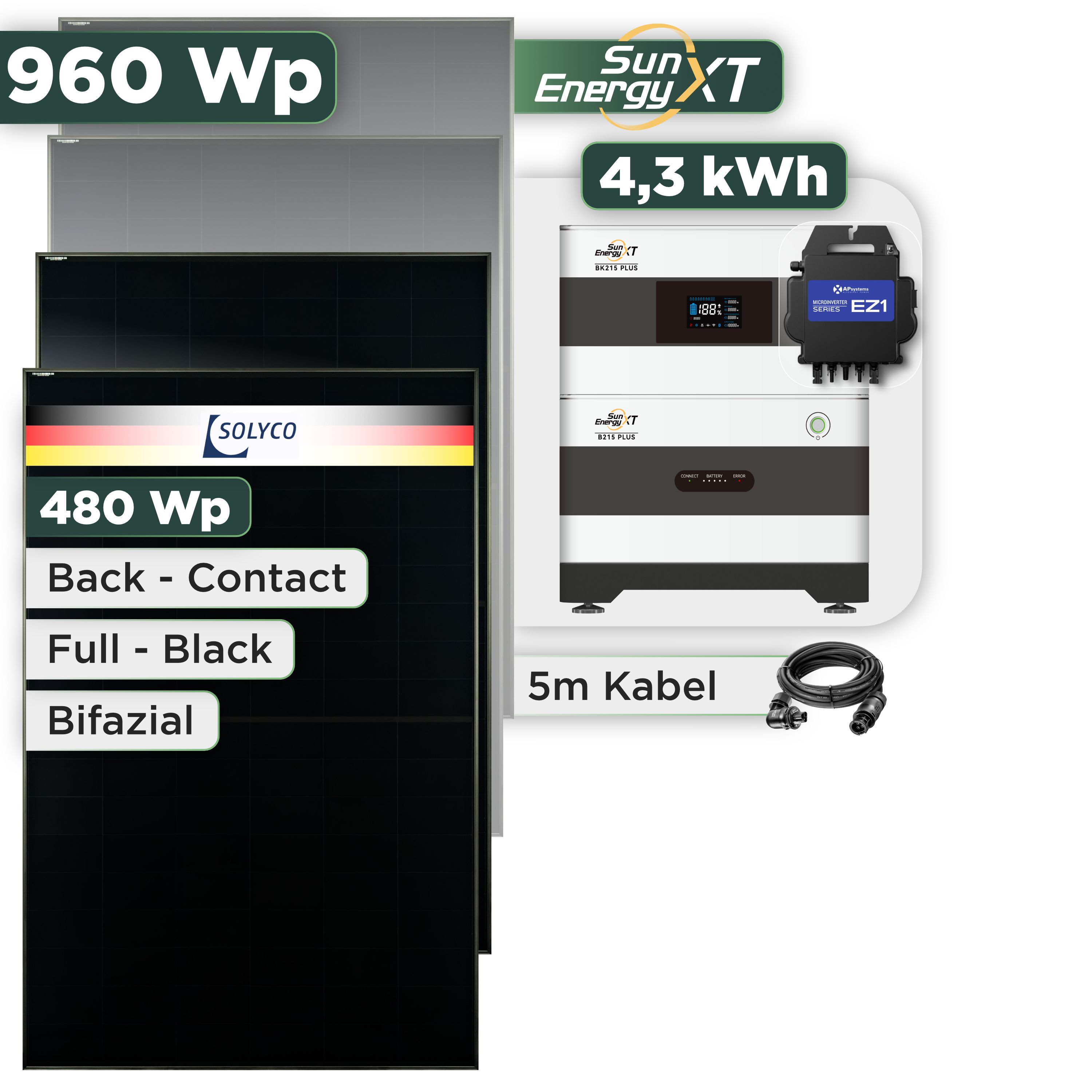 Balkonkraftwerk Set 960 Wp SunEnergyXT Plus / 4,3 kWh / Solyco 480 Wp Glas-Glas Fullblack Back Contact Modul / 2 Module / APSystems EZ1-M (bis 800 W) / Wieland Stecker