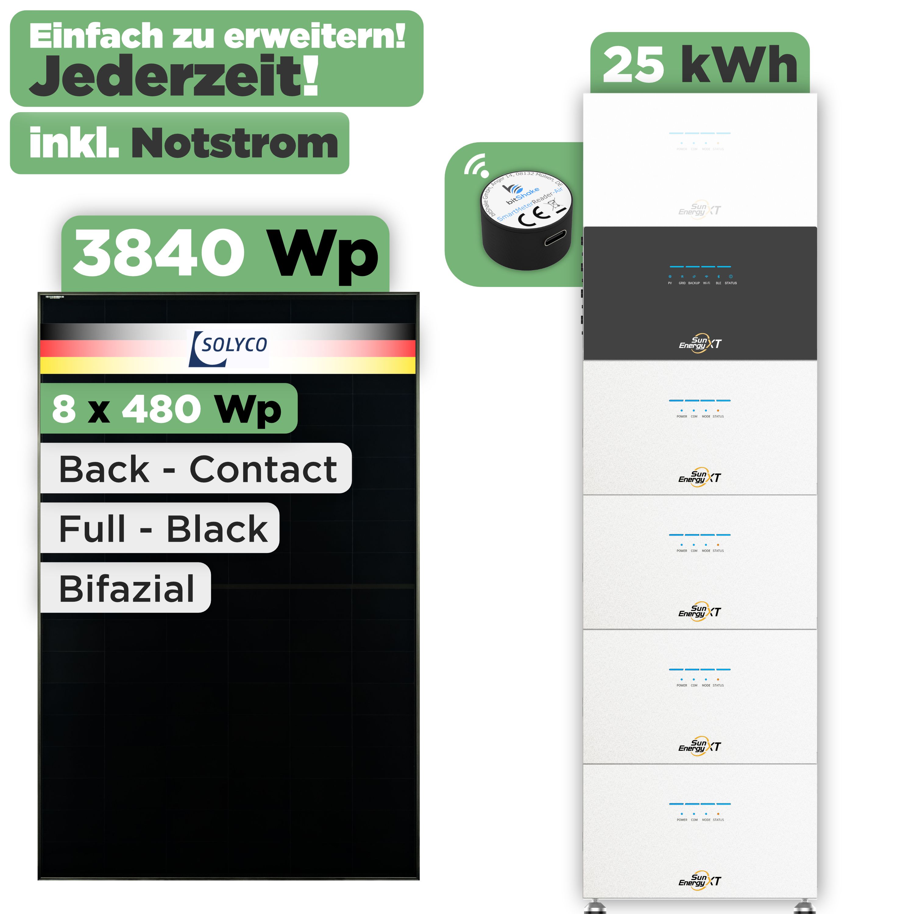 SunEnergyXT 500 Modulset 3840 Wp SunEnergyXT 500 (800 W) / 25 kWh / IR Lesekopf / Solyco 480 Wp / 8 Module