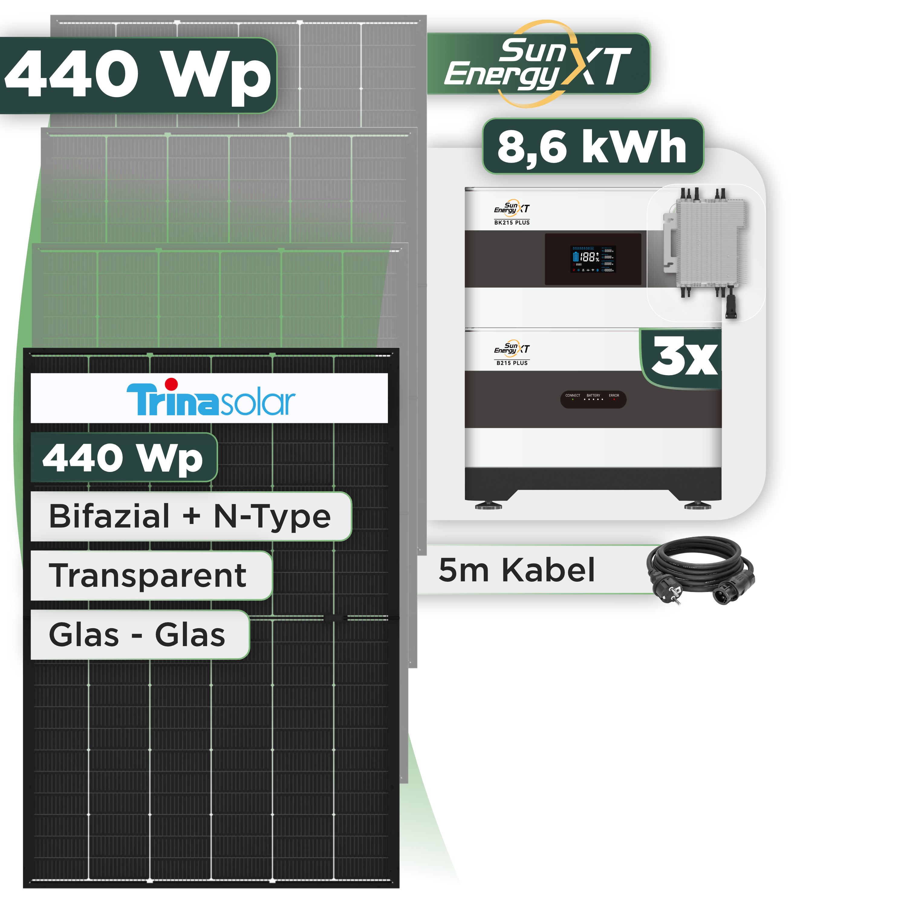 Balkonkraftwerk Set 440 Wp SunEnergyXT Plus / 8,6 kWh / Trina 440 Wp Glas-Glas Bifazial Modul / 1 Modul / Deye 2000 W / Schuko Stecker