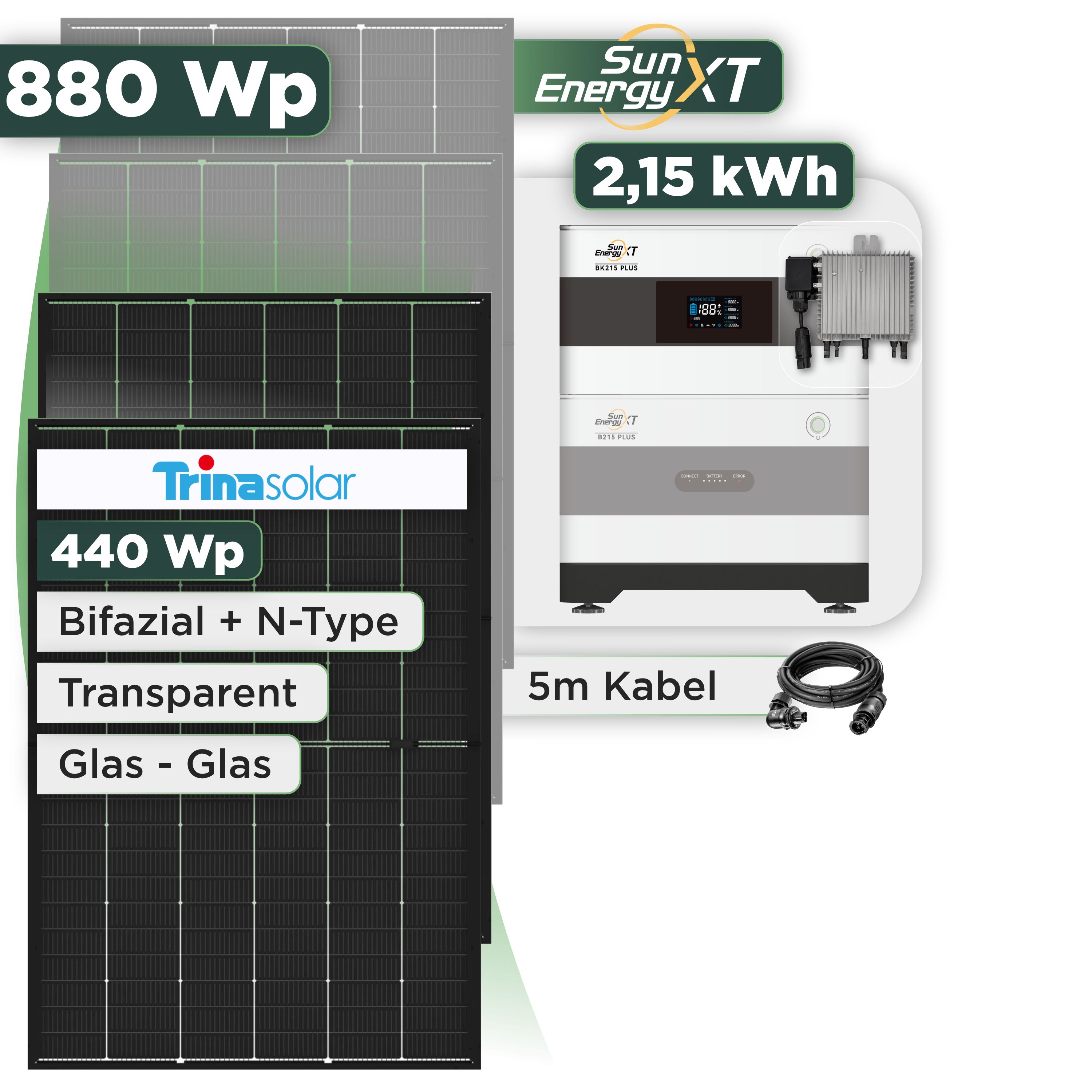 Balkonkraftwerk Set 880 Wp SunEnergyXT Plus / 2,15 kWh / Trina 440 Wp Glas-Glas Bifazial Modul / 2 Module / Deye 800 W / Wieland Stecker