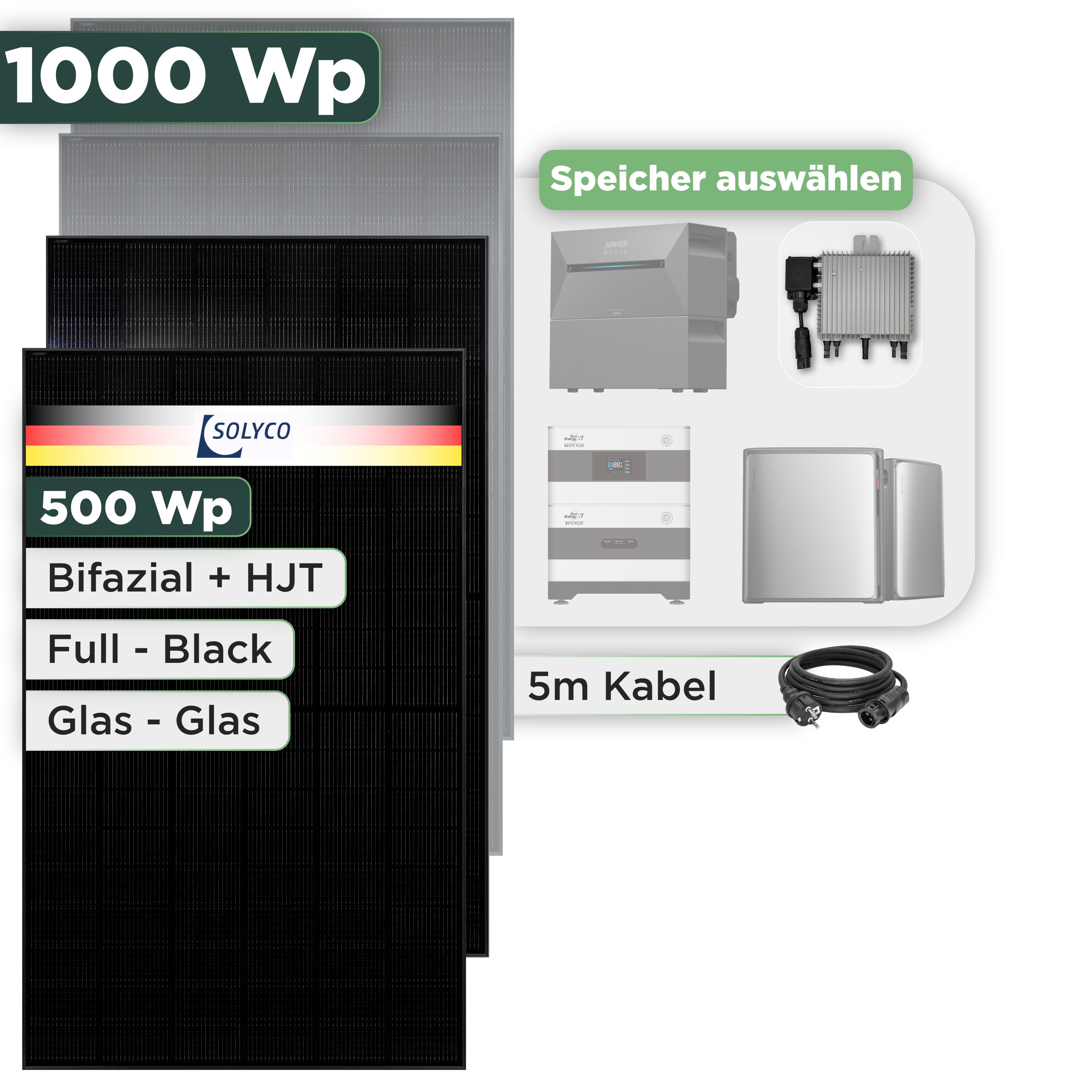 Balkonkraftwerk Set 1000 Wp Solyco 500 Wp Glas-Glas Fullblack-Modul Bifazial / 2 Module / Deye 800 W / Schuko Stecker
