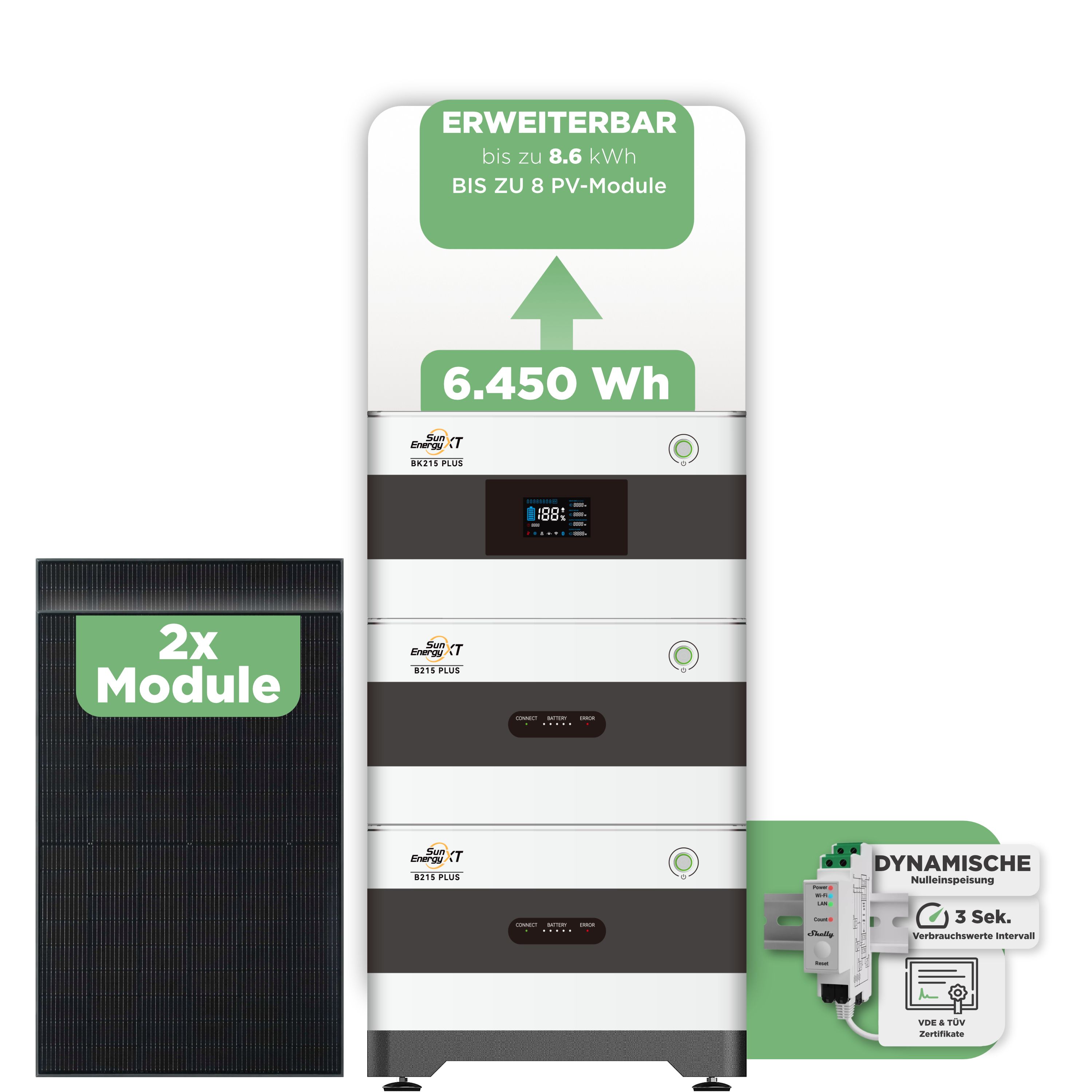 SunEnergyXT BK215 Plus Balkonkraftwerkspeicher 6.450 Wh / mit Shelly 3EM Pro