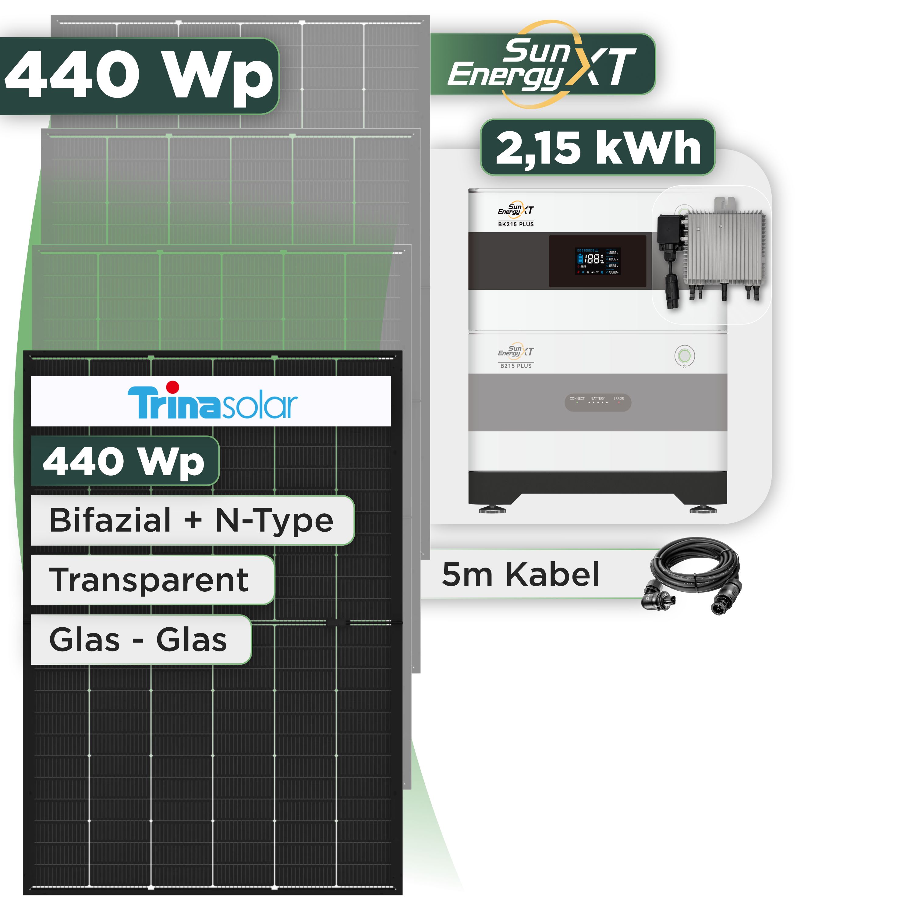Balkonkraftwerk Set 440 Wp SunEnergyXT Plus / 2,15 kWh / Trina 440 Wp Glas-Glas Bifazial Modul / 1 Modul / Deye 800 W / Wieland Stecker