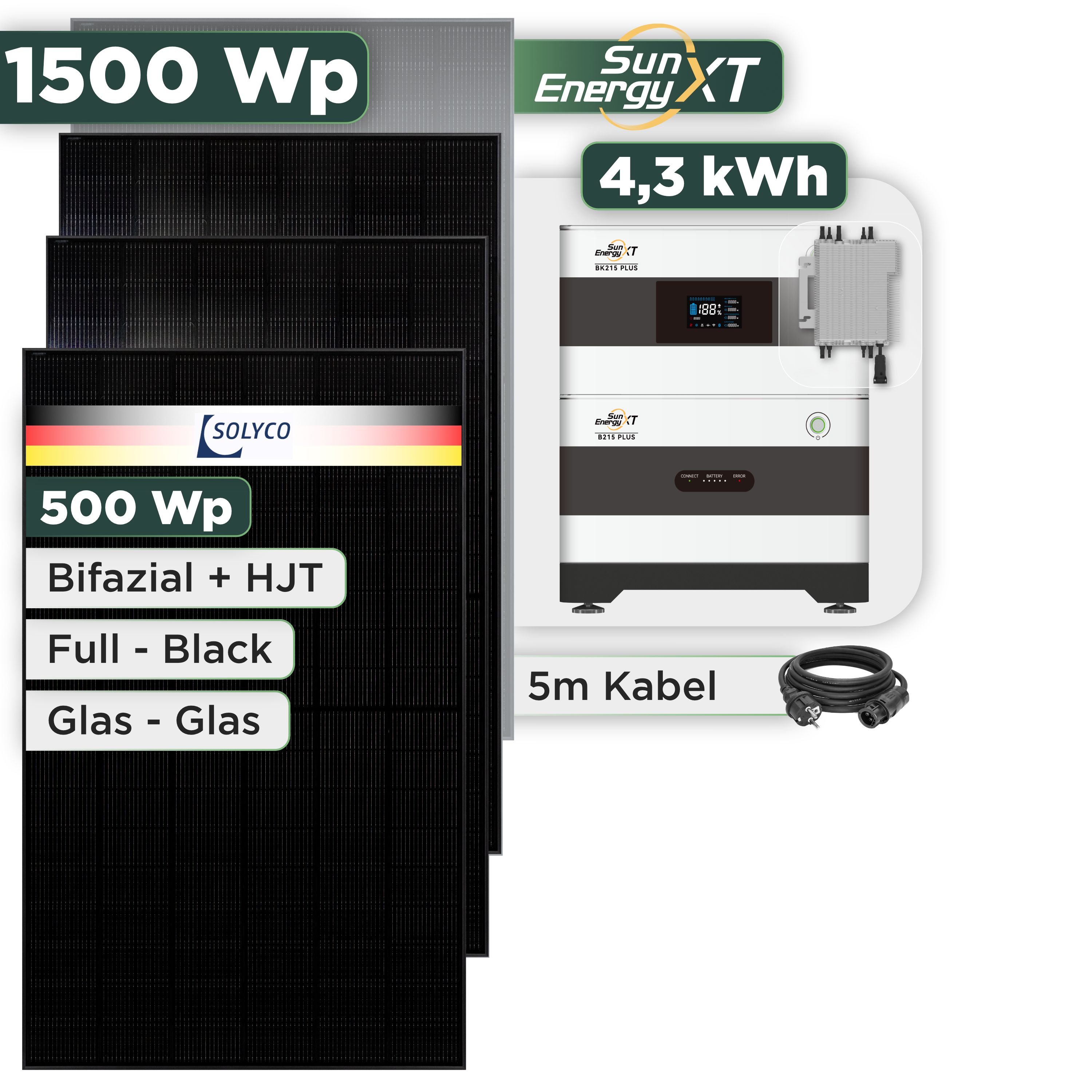 Balkonkraftwerk Set 1500 Wp SunEnergyXT Plus / 4,3 kWh / Solyco 500 Wp Glas-Glas Fullblack-Modul Bifazial / 3 Module / Deye 2000 W / Schuko Stecker