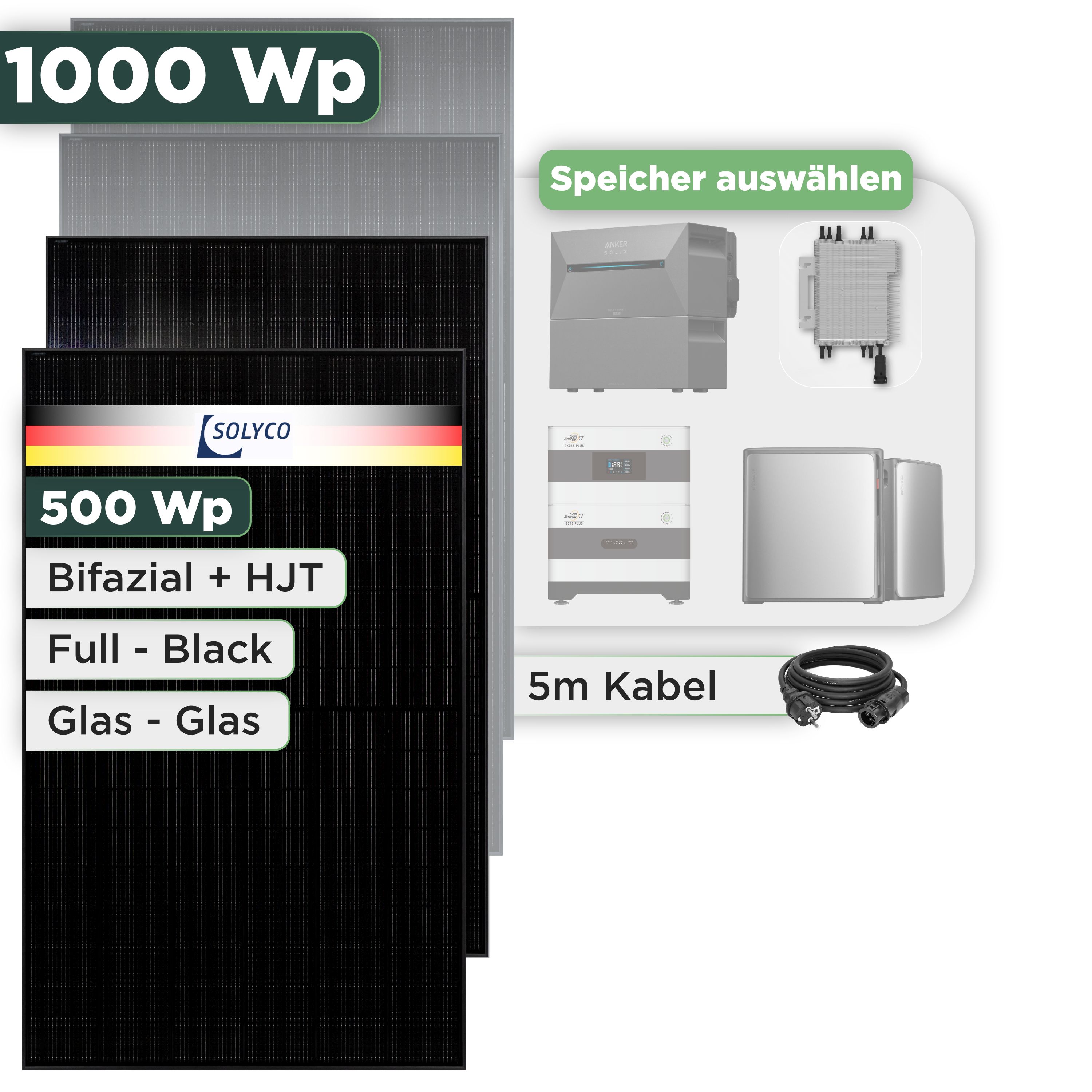 Balkonkraftwerk Set 1000 Wp Solyco 500 Wp Glas-Glas Fullblack-Modul Bifazial / 2 Module / Deye 2000 W / Schuko Stecker