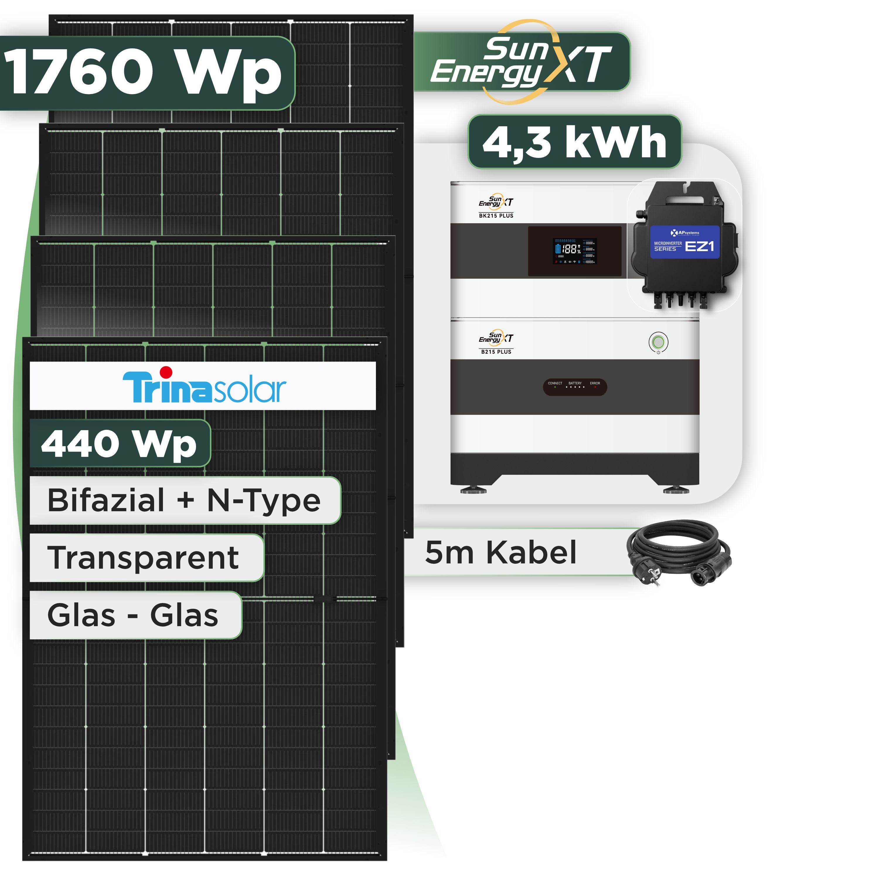 Balkonkraftwerk Set 1760 Wp SunEnergyXT Plus / 4,3 kWh / Trina 440 Wp Glas-Glas Bifazial Modul / 4 Module / APSystems EZ1-M (bis 800 W) / Schuko Stecker