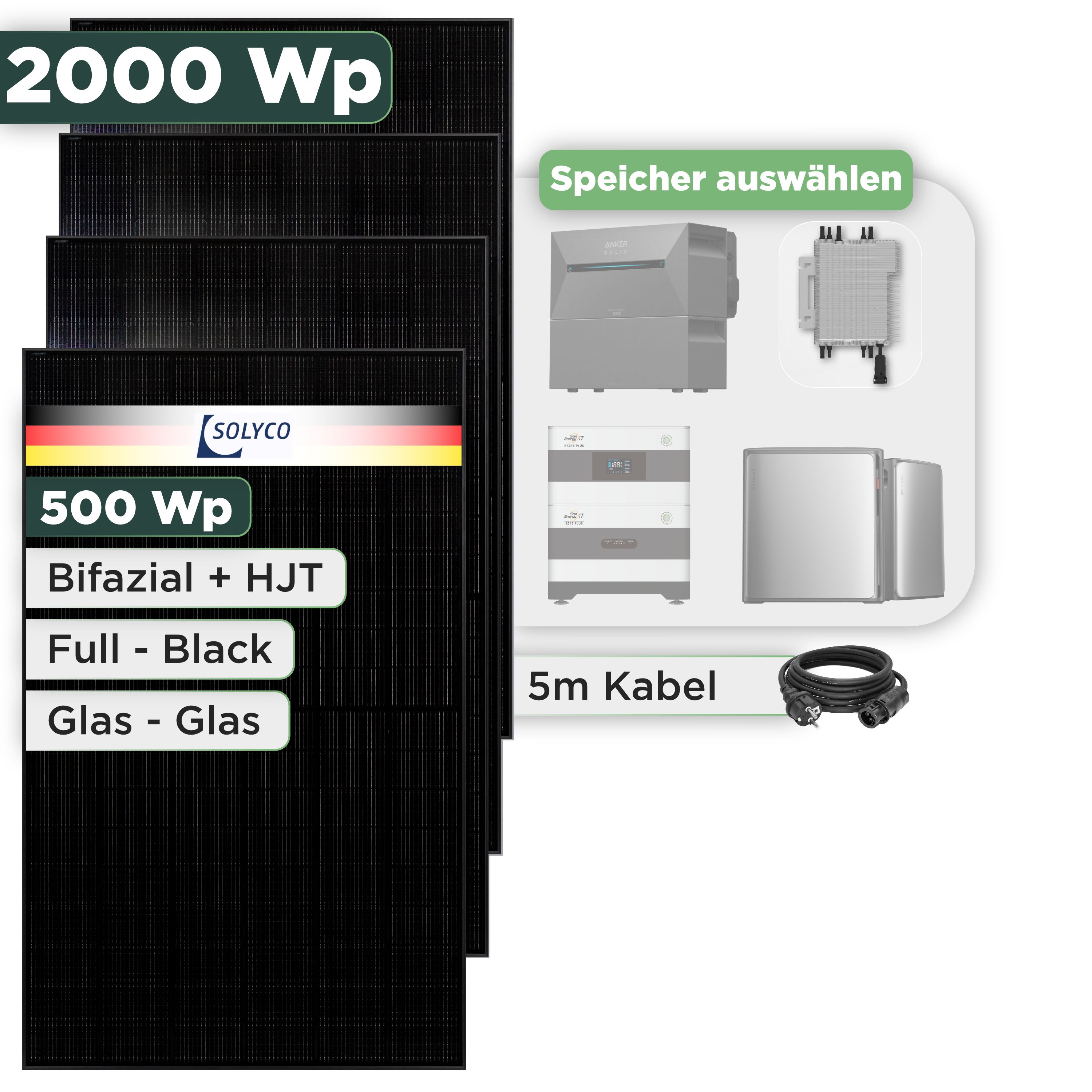 Balkonkraftwerk Set 2000 Wp Solyco 500 Wp Glas-Glas Fullblack-Modul Bifazial / 4 Module / Deye 2000 W / Schuko Stecker